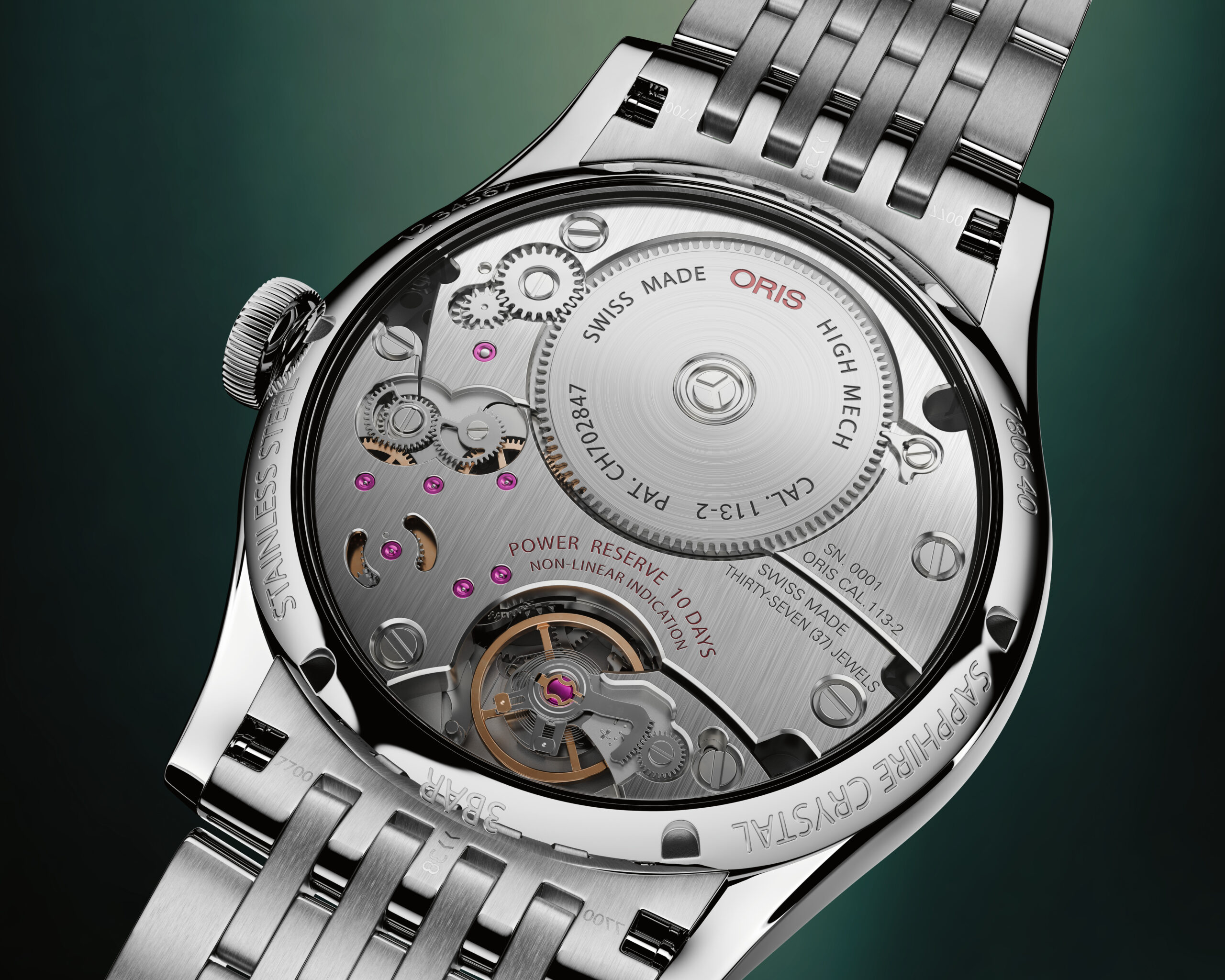 Caseback view of the Oris Artelier Calibre 113 with see-through sapphire back