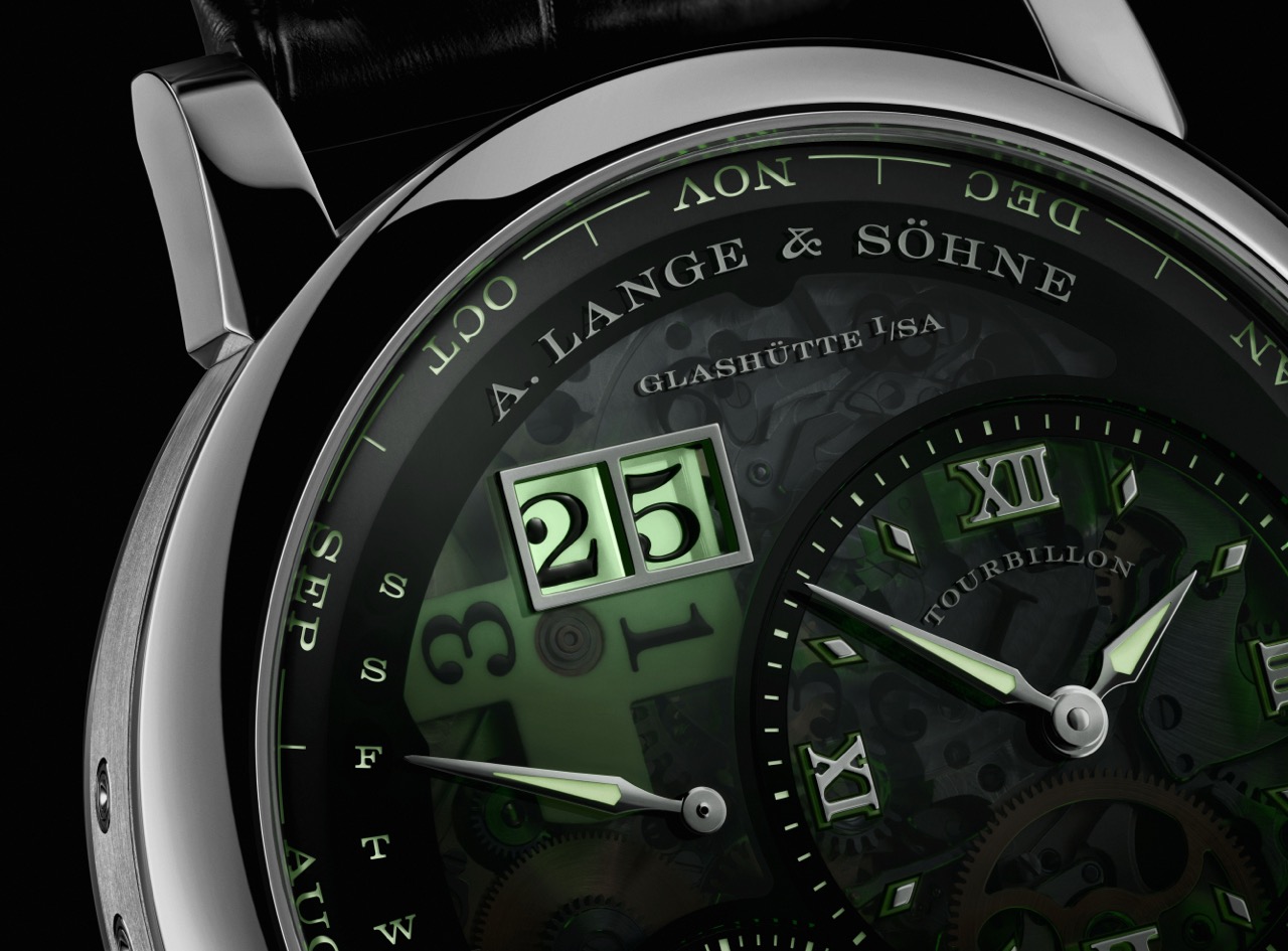 A. Lange & Söhne Lange 1 Tourbillon Perpetual Calendar Lumen showing semi-transparent luminous dial and off-centre displays