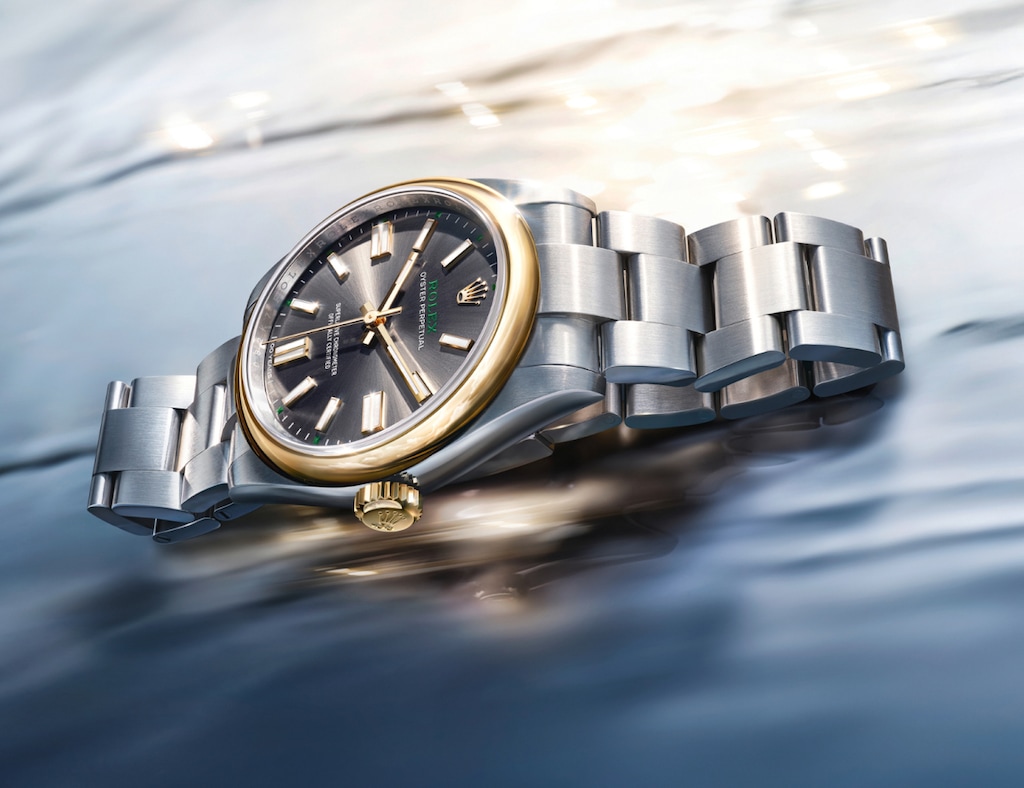 Close-up of the Rolex Oyster Perpetual Oyster case and domed bezel
