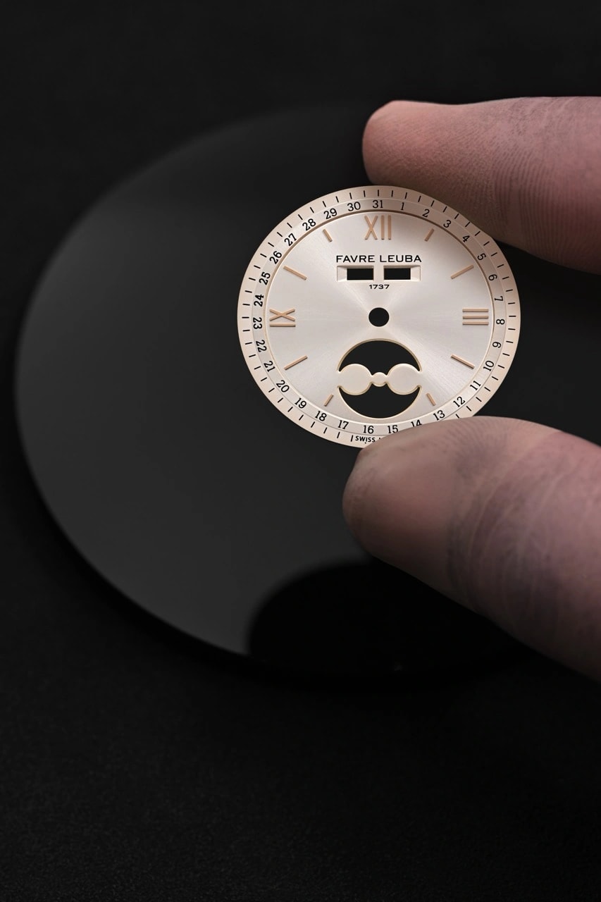 Exhibition caseback of the Favre Leuba 1737 Triple Calendar showing the 4N gold-finished FLD06 movement