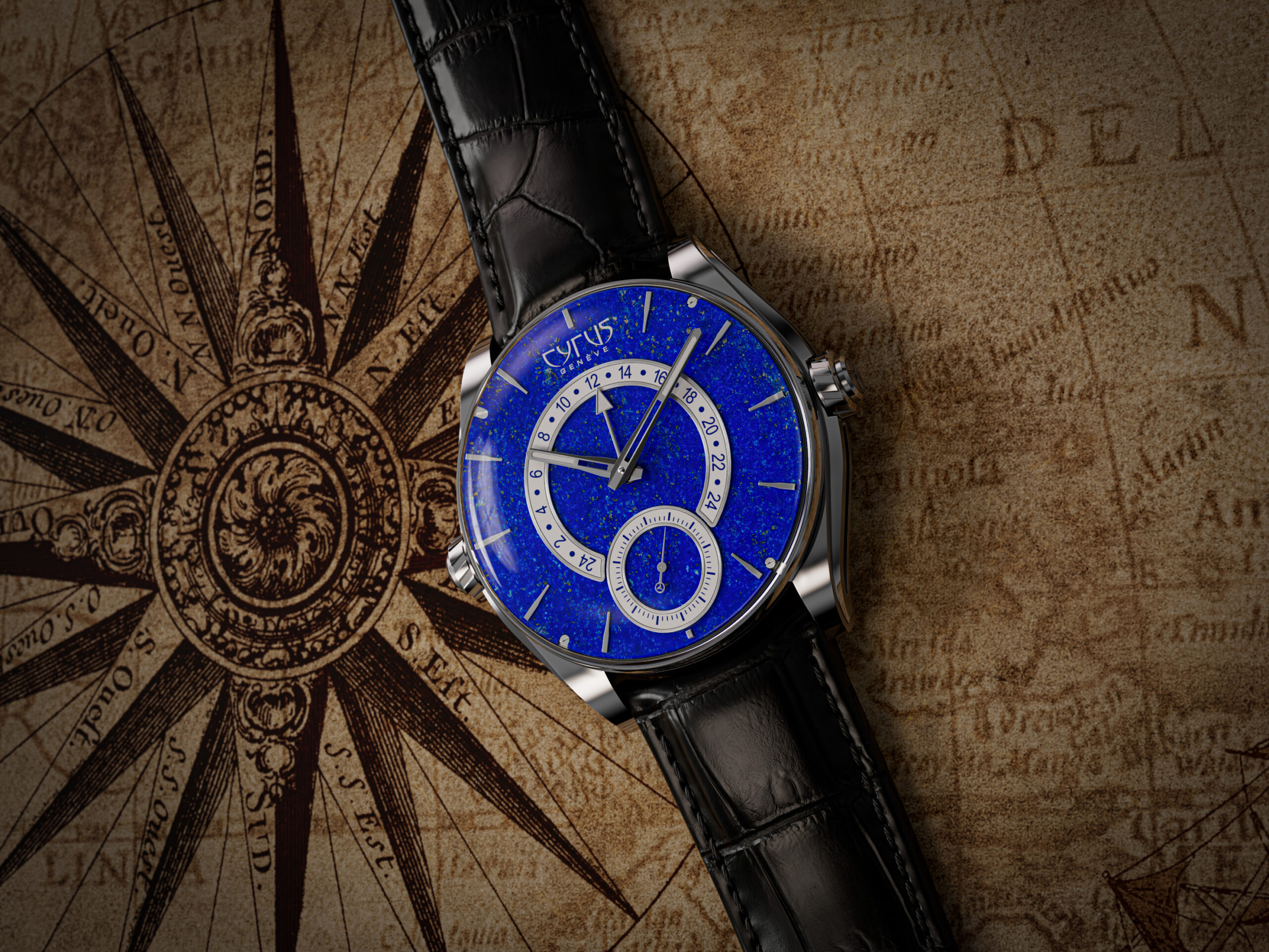 Cyrus Genève Dominion Lapis Blue GMT showing natural lapis lazuli dial and dual-time display