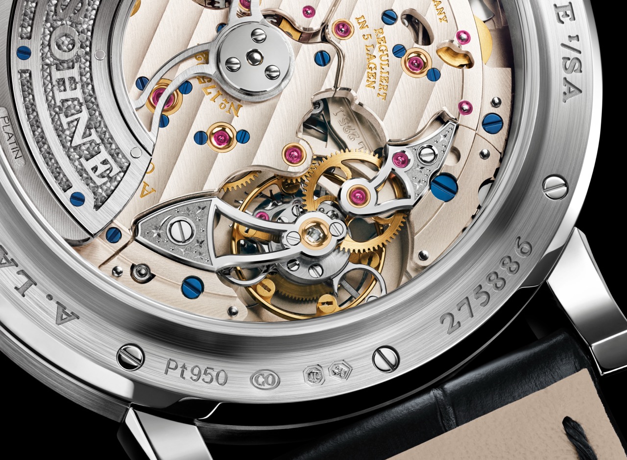 Caseback of the Lange 1 Tourbillon Perpetual Calendar Lumen revealing calibre L225.1 and decorated tourbillon cage