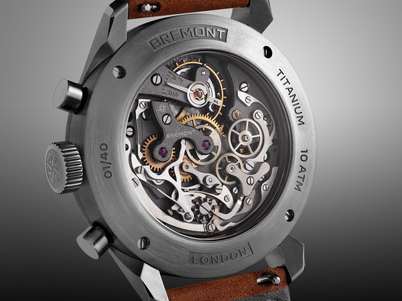 Side profile and brown nubuck strap of the Bremont Altitude Chronograph Pulsograph Valjoux 23