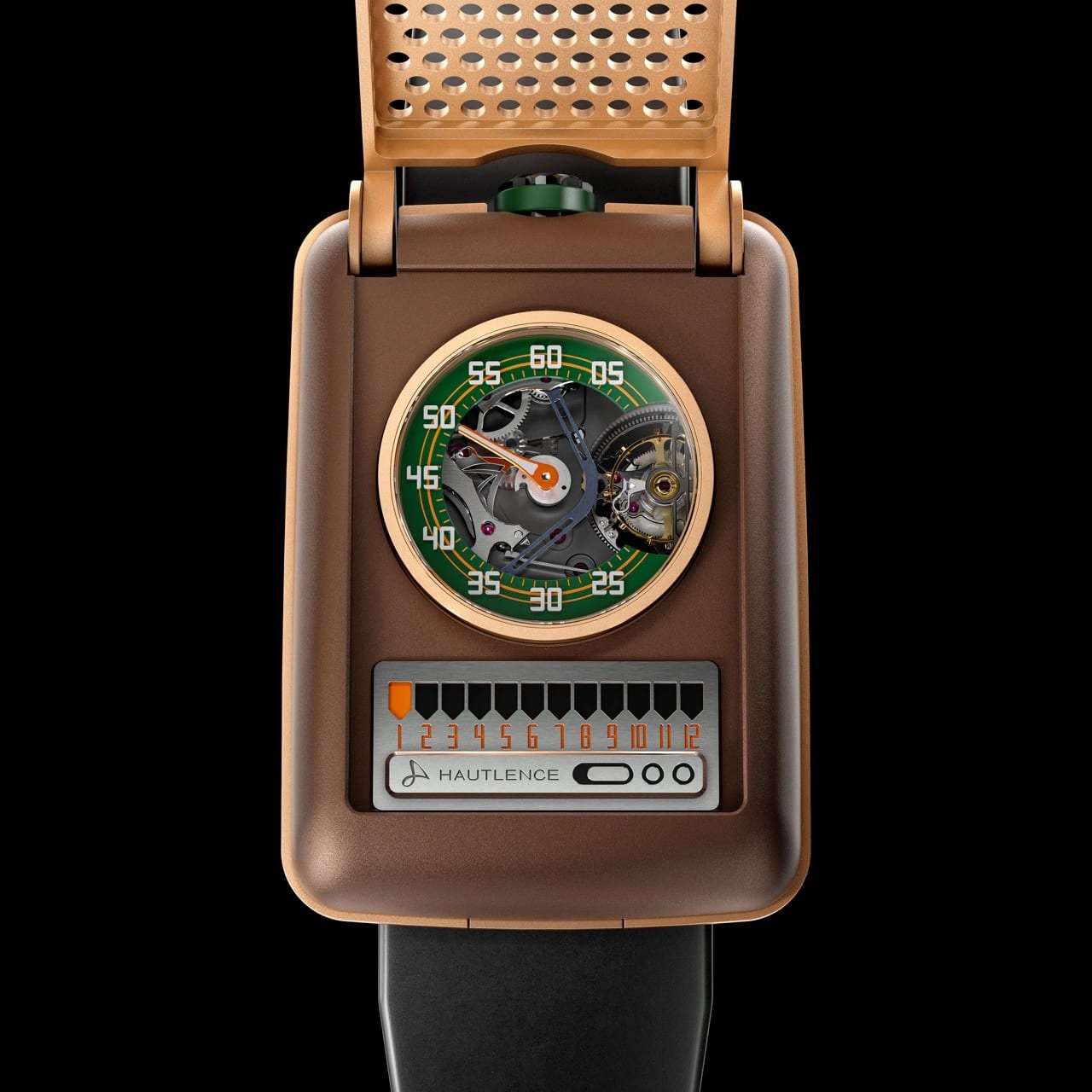 Close-up of the HAUTLENCE RETROVISION ’64 dial with orange, green and white minute track and flying tourbillon