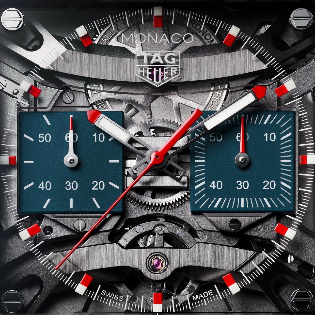 Caseback view of the TAG Heuer Monaco Evergraph revealing the square movement and checkered-flag finish
