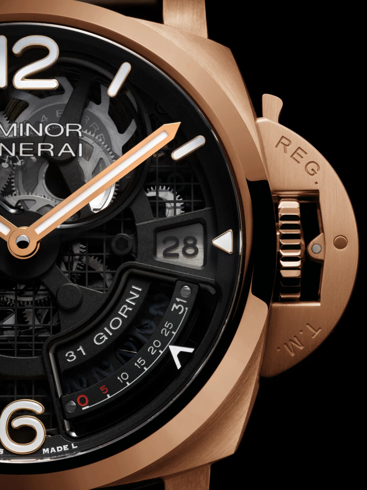 Panerai Luminor 31 Giorni PAM01631 showing the Goldtech Luminor case and skeletonised P.2031/S movement