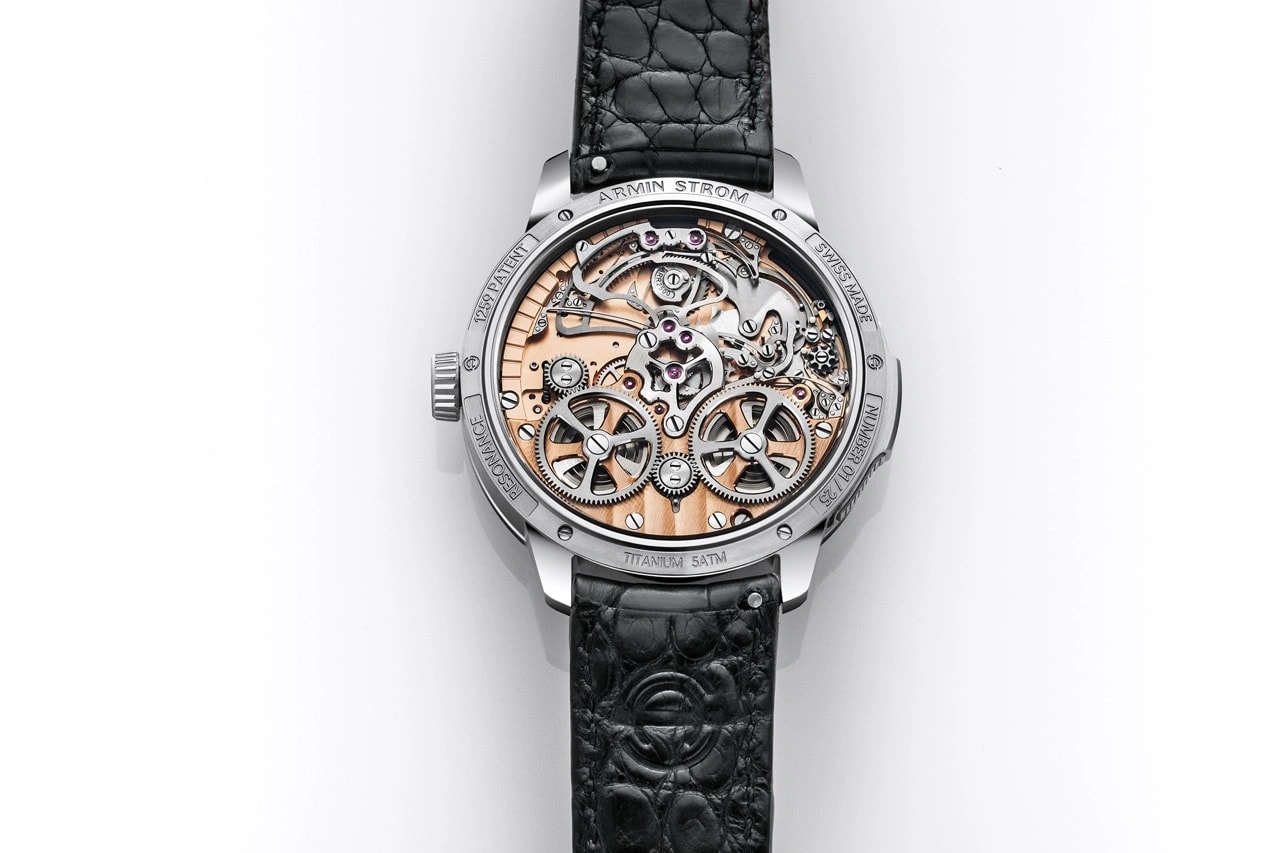 Caseback of the Armin Strom Minute Repeater Resonance 12:59 First Edition showing Calibre ARR25 hand-finishing and Geneva stripes