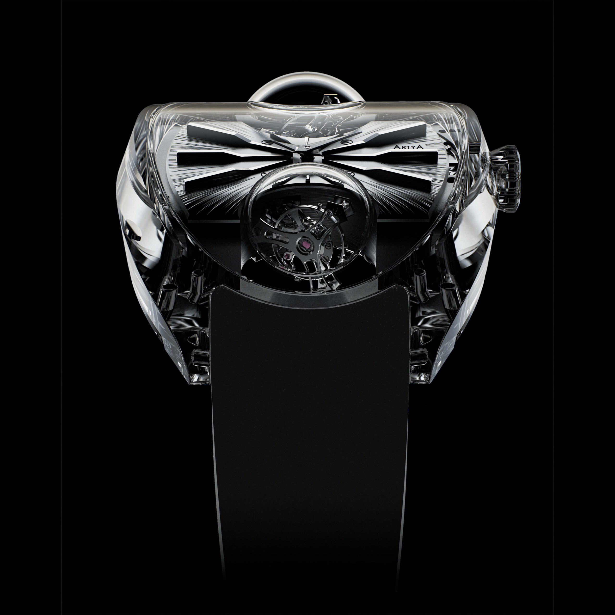 Profile view of the ArtyA Complexity showcasing the sapphire domes over the inclined tourbillons