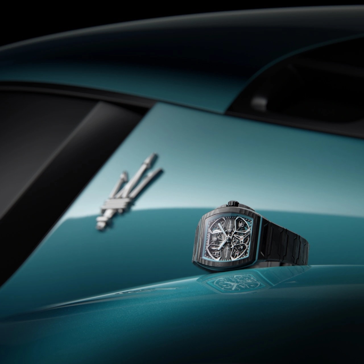 Side profile of the Bianchet UltraFino Maserati showcasing its slim carbon case and tourbillon