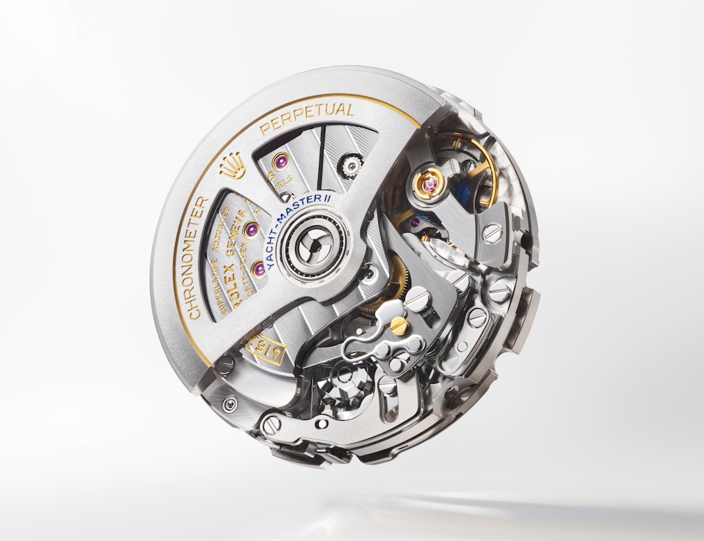 Close-up of the Rolex Yacht-Master II showing the countdown flange, Cerachrom bezel and red-accented hands