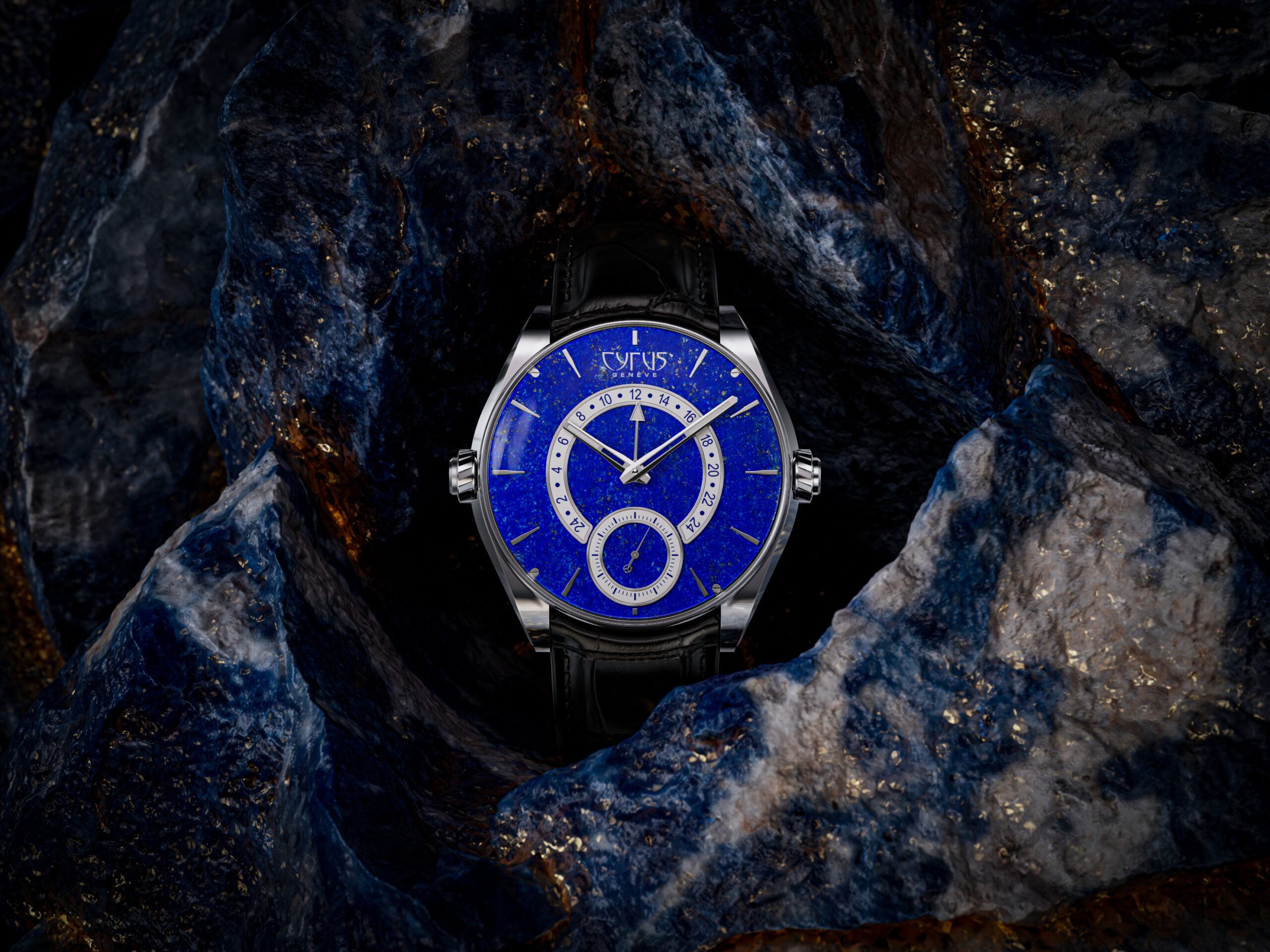 Titanium caseback of the Cyrus Dominion Lapis Blue GMT revealing the CYR708 movement