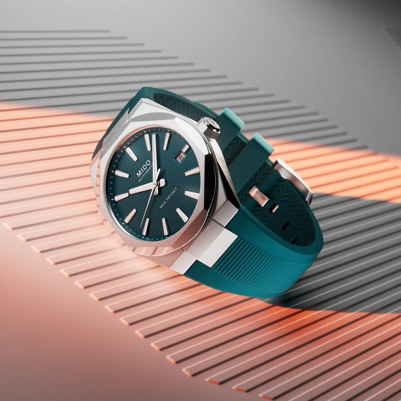 Mido Multifort 8 One Crown Midnight Green dial with horizontal relief and octagonal bezel