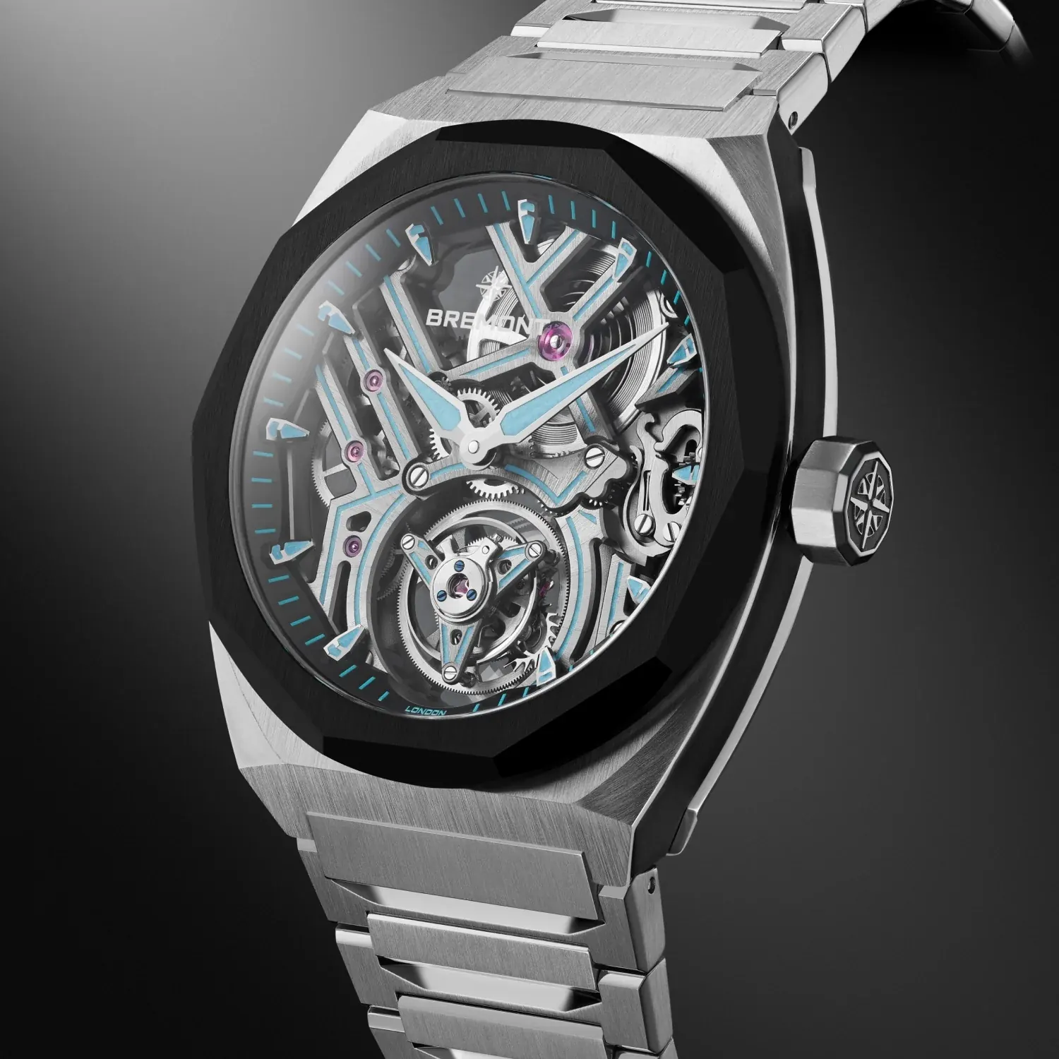 Bremont Supernova 41mm Tourbillon openworked dial with anthracite skeletonised bridges and blue Super-LumiNova inlays