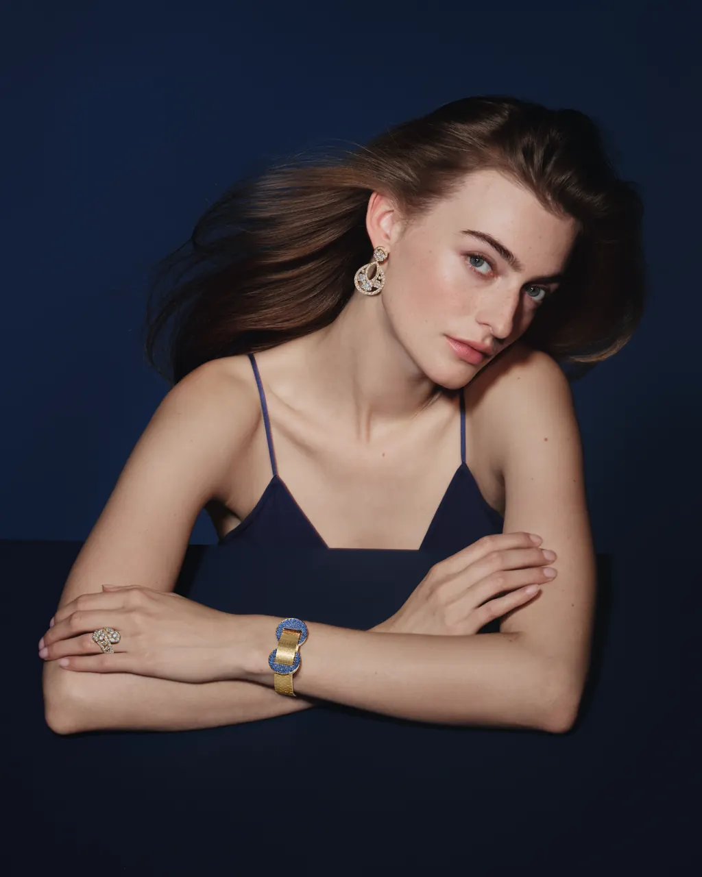 Van Cleef & Arpels Ludo Secret Watch in yellow gold with sapphire crescent motifs and guilloché mother-of-pearl dial