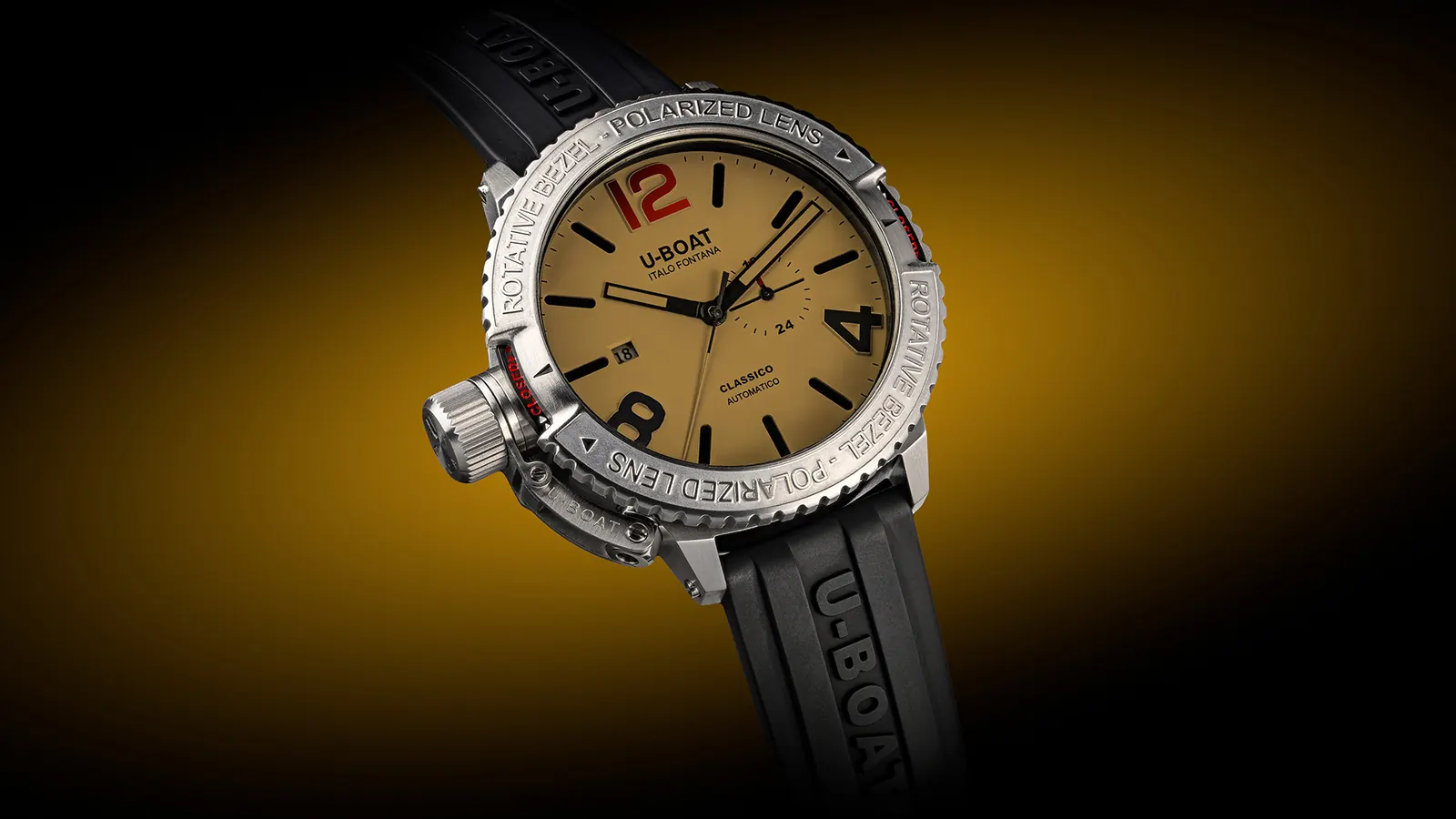 U-BOAT Classico Polarized Dark Mistery 47mm steel case with polarized bezel revealing the beige three-level dial