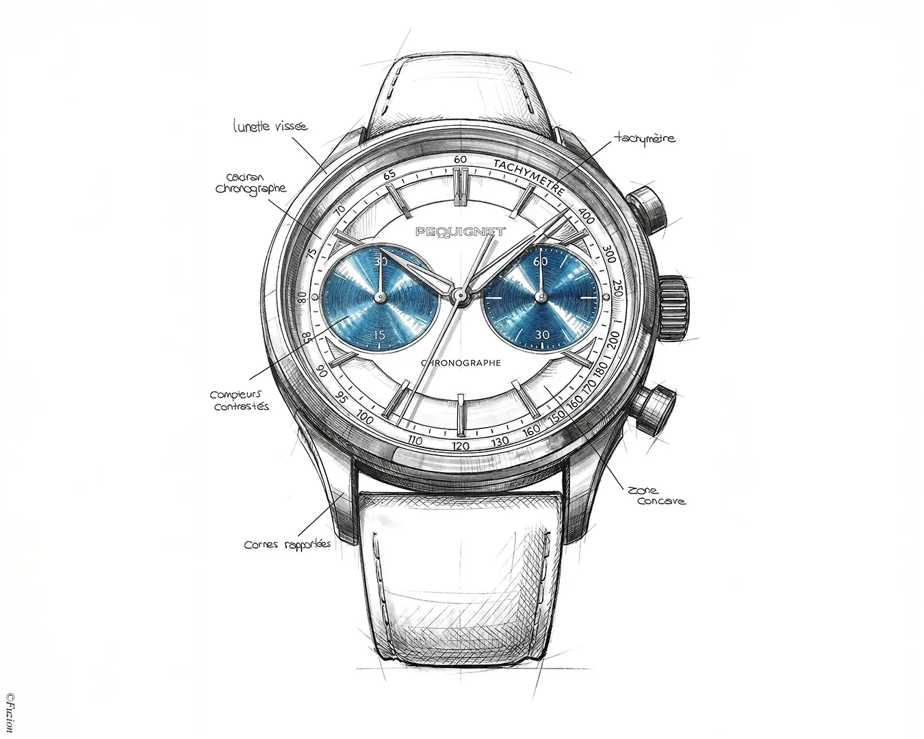 Pequignet Royale Paris Chrono opaline dial with blue counters, 39.5mm stainless steel case