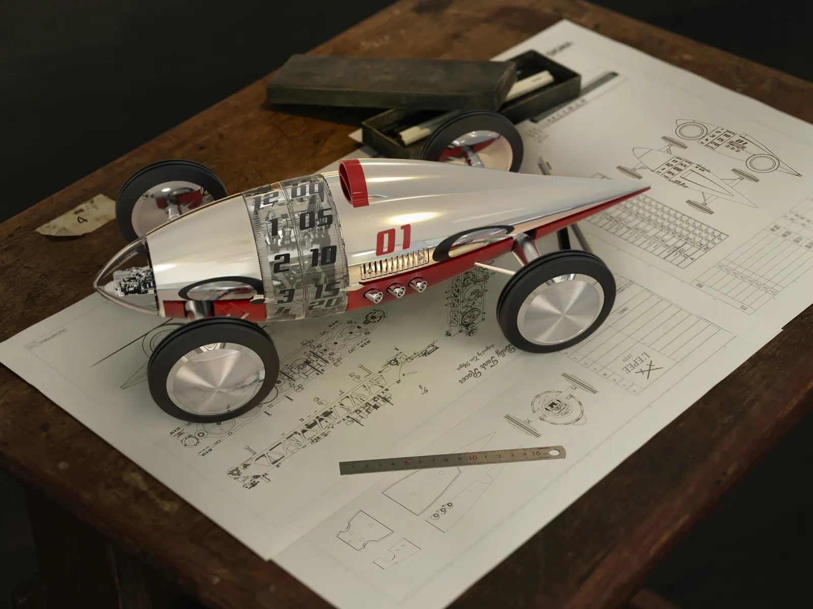 L'Epée 1839 Belly Tank Racer kinetic clock in blue showing transparent rotating time discs and V6 engine sculpture