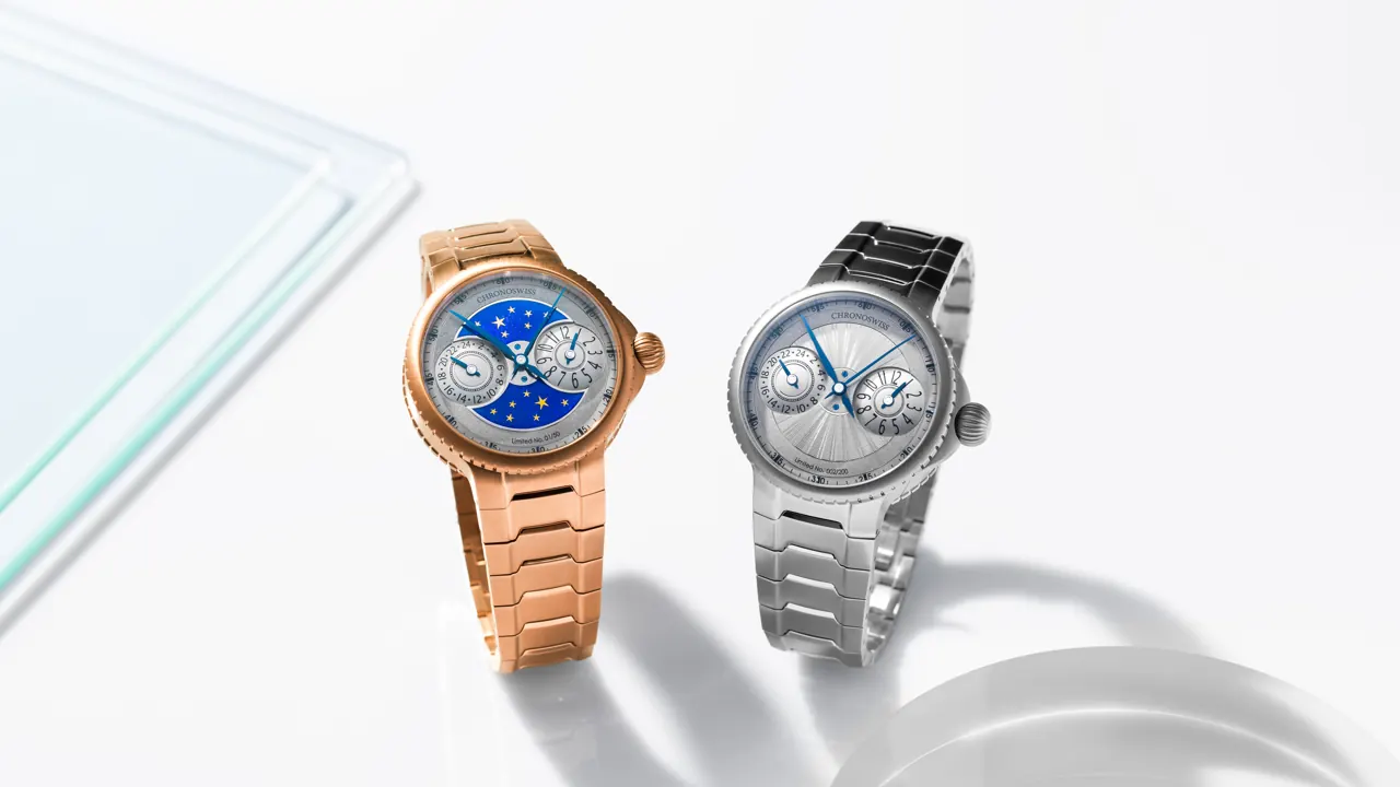 Chronoswiss Pulse GMT Silver Guilloche dial detail showing hand-guilloché centre and dual-timezone display
