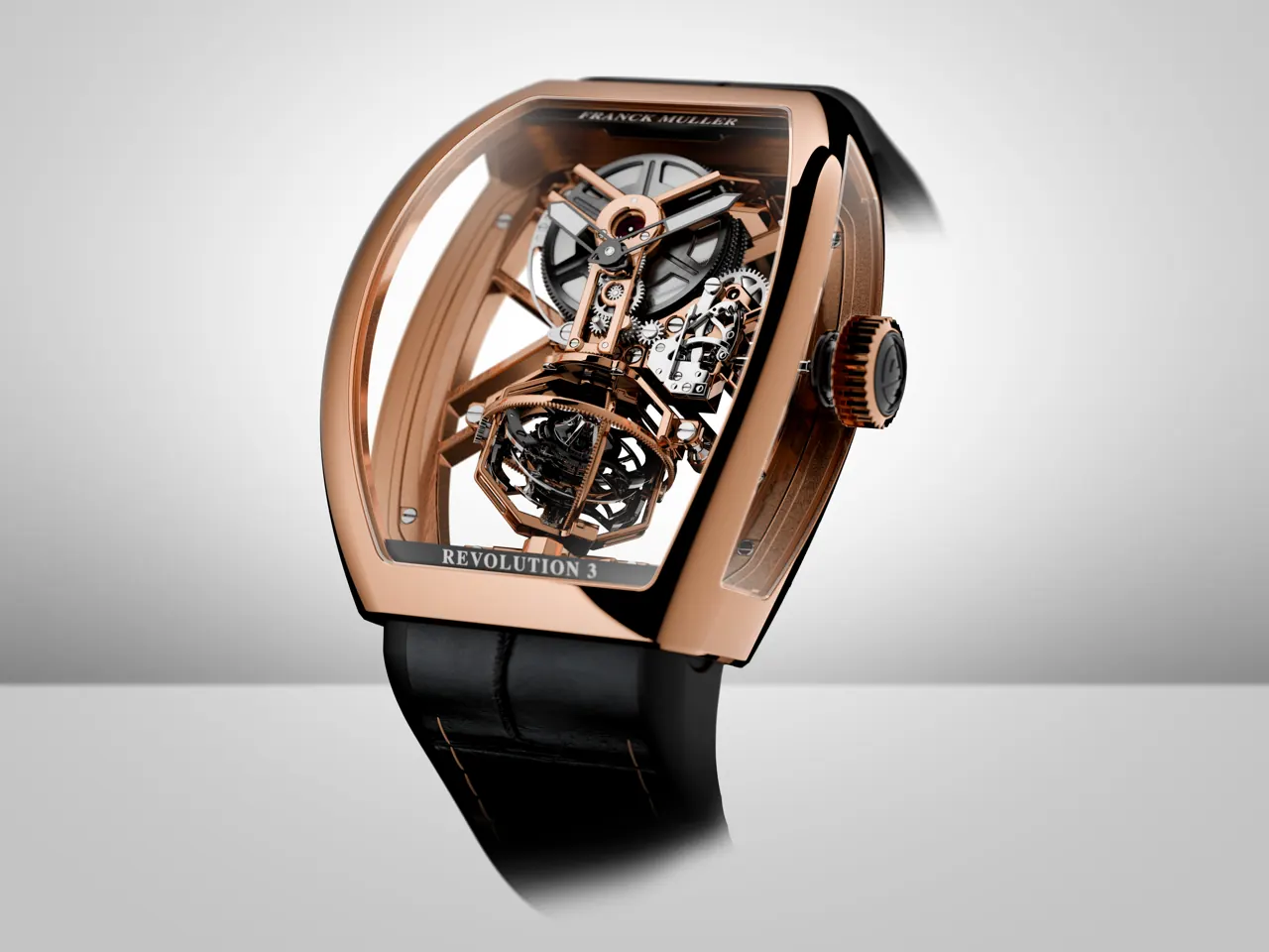 Franck Muller Vanguard Aero Revolution 3 Skeleton tri-axial tourbillon dial view in rose gold