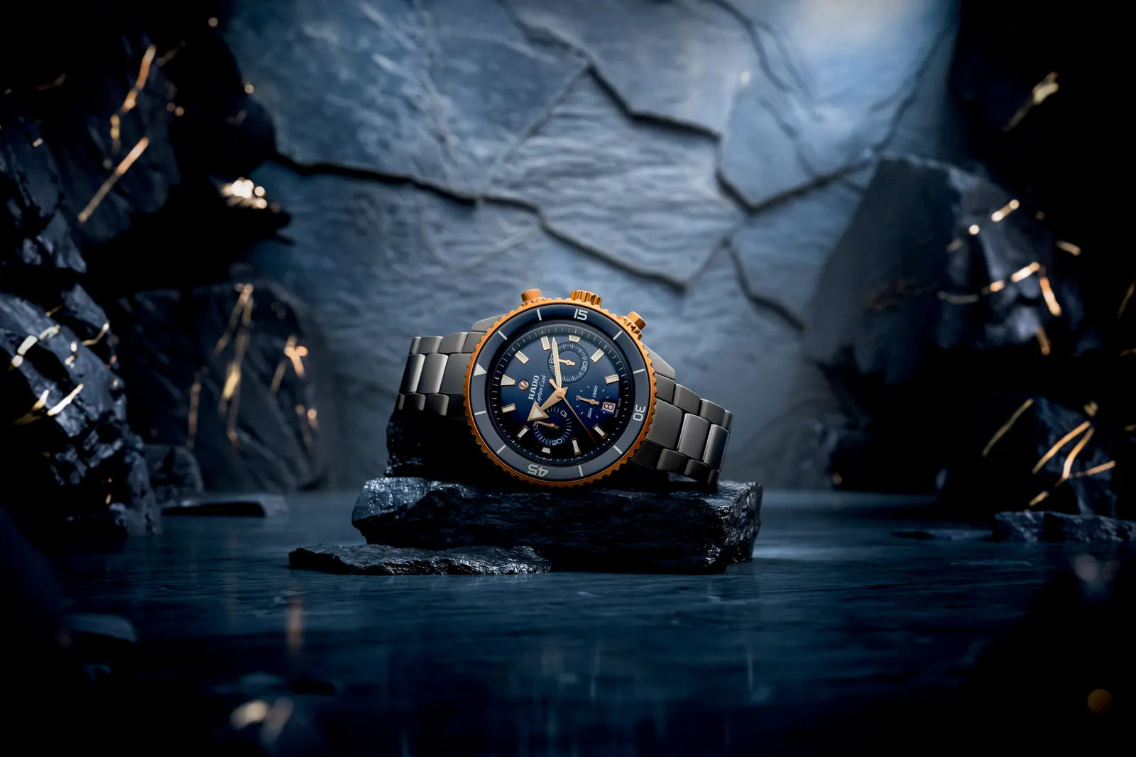 Rado Captain Cook High-Tech Ceramic Chronograph blue dial with rose gold indices and plasma ceramic bracelet