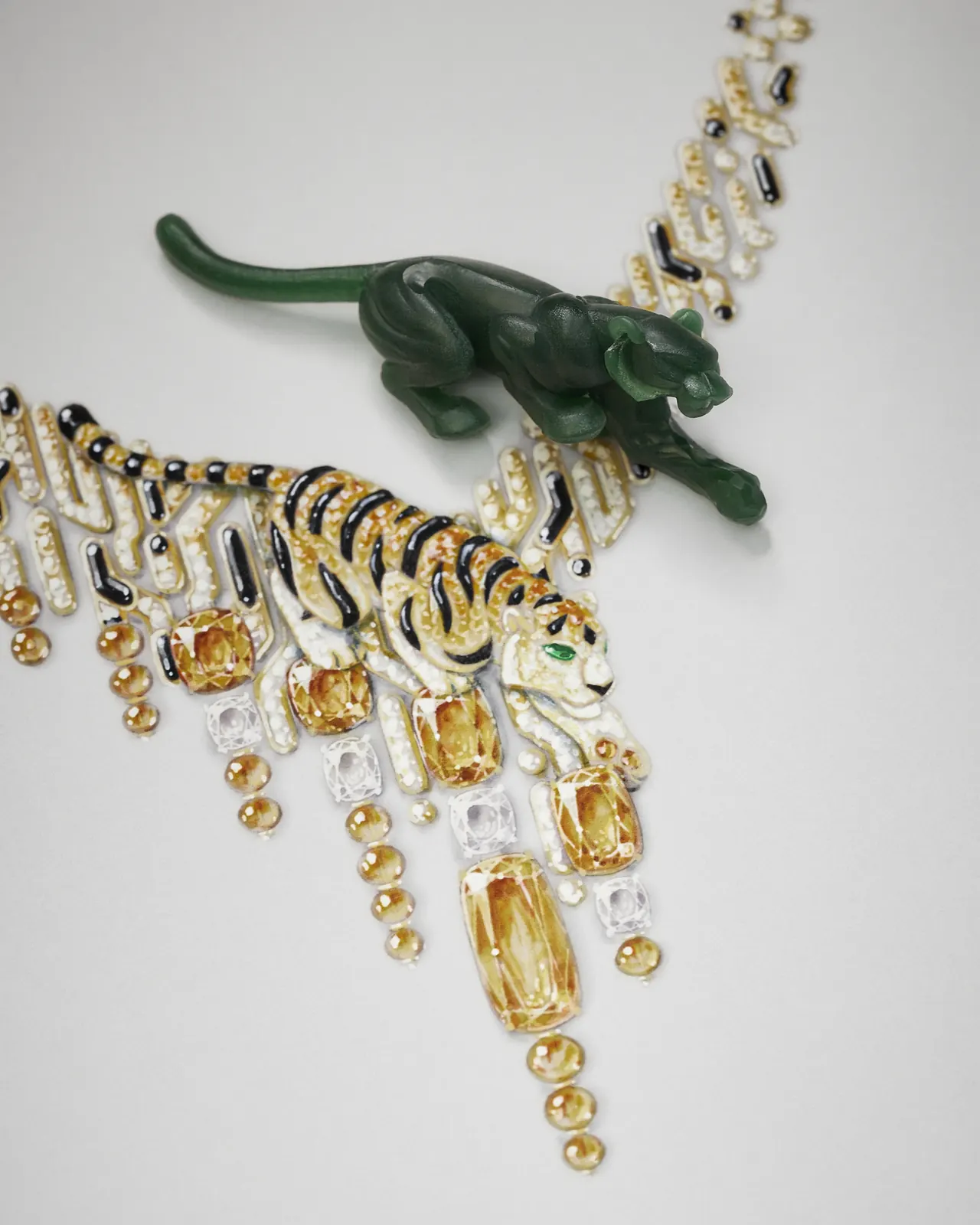 Cartier Haryma necklace featuring five imperial topazes and a sculpted tiger motif with onyx pixelated chain