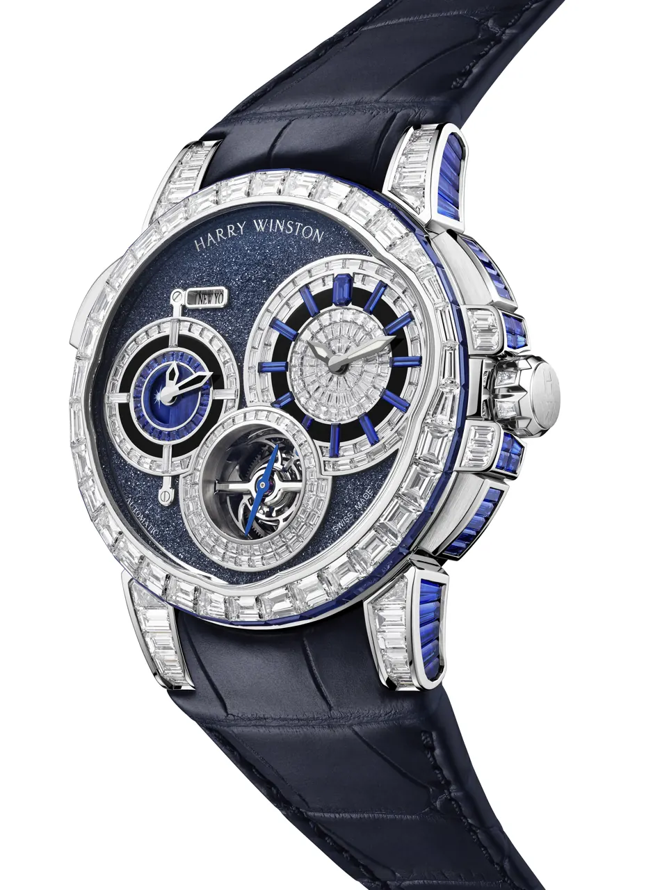 Harry Winston Ocean Tourbillon GMT Worldtimer 46mm white gold dial with blue ruthenium crystals, baguette diamonds and sapphires