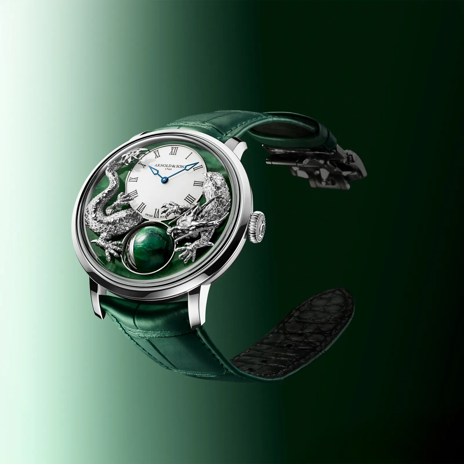 Arnold & Son Luna Magna Platinum Dragon Verdite dial showing hand-engraved white gold dragon on verdite stone