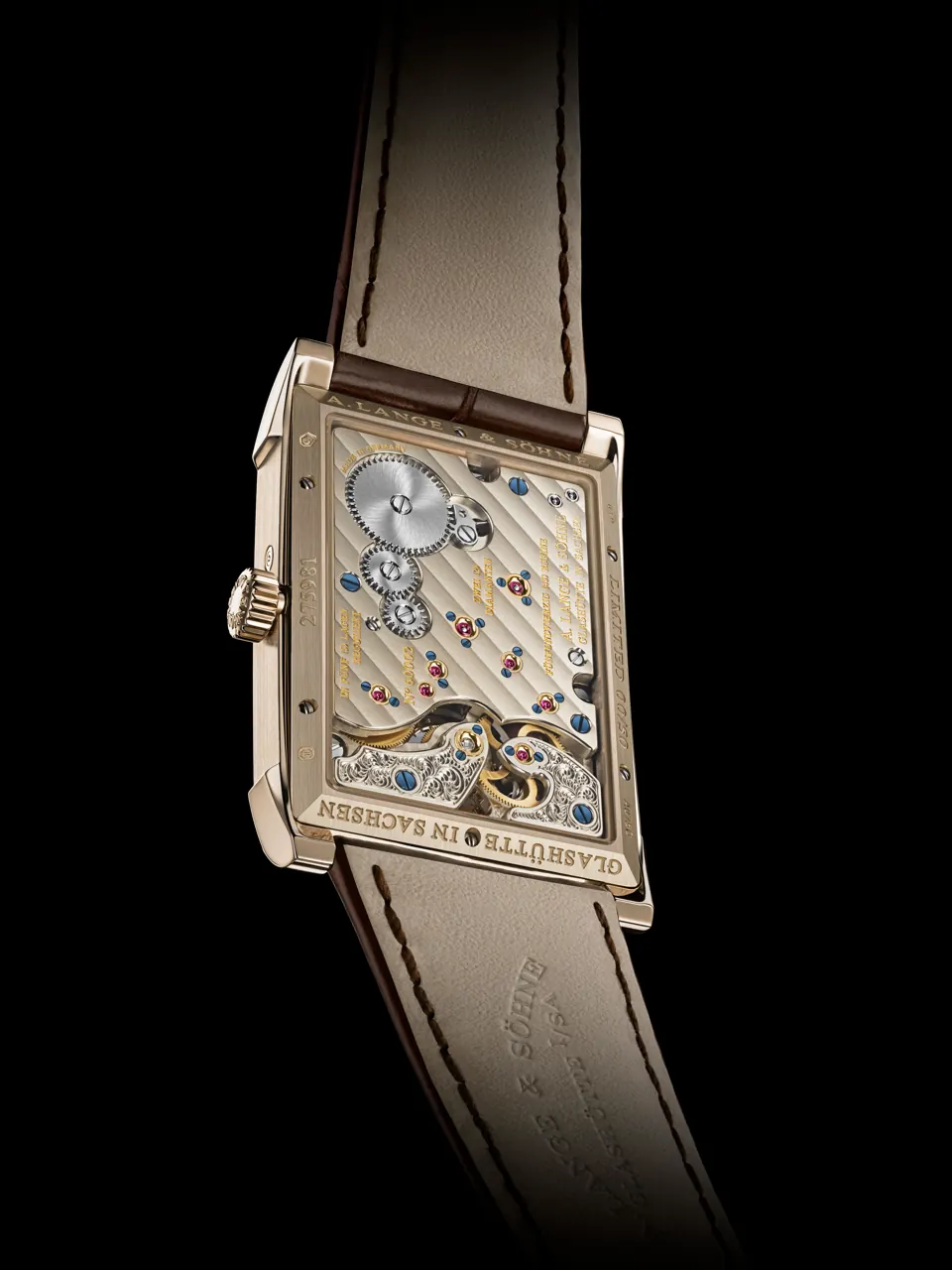 A. Lange & Söhne Cabaret Tourbillon Honeygold dial detail showing black-rhodiumed relief and tourbillon aperture