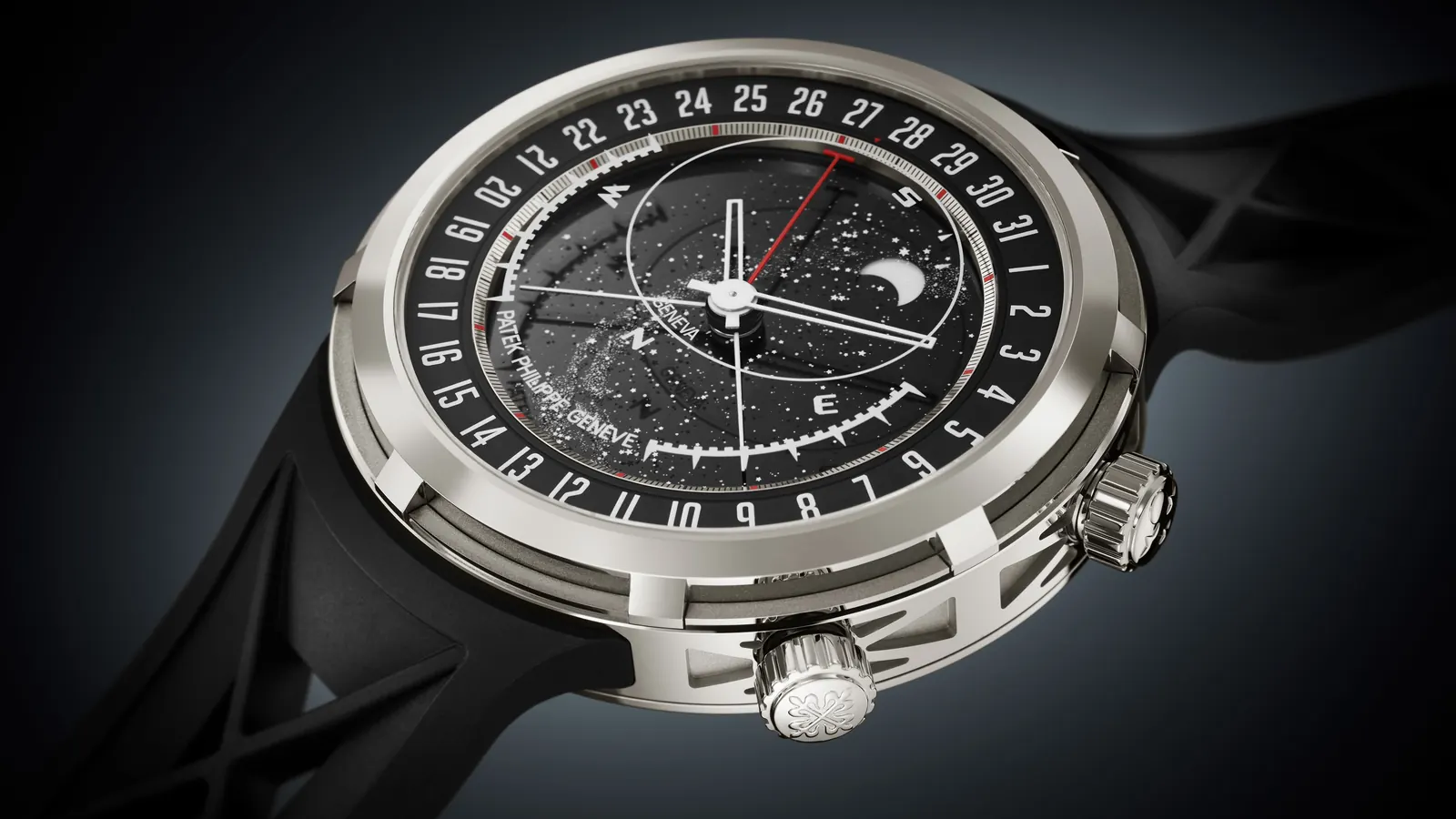 Patek Philippe Reference 6105G-001 Celestial dial showing sunrise and sunset indication in white gold case