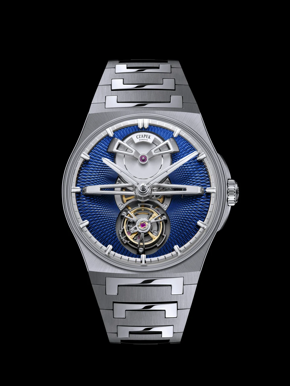CZAPEK Antarctique Tourbillon Titanium Cosmic Blue dial view showing flying tourbillon and guilloché Singularité pattern