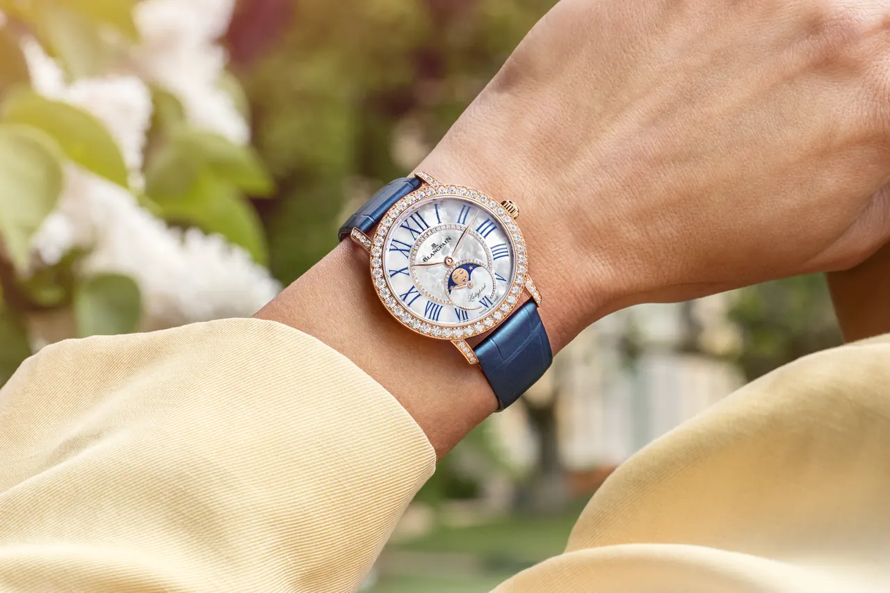 Blancpain Ladybird Colors Nude Moka dial view showing nacre perlée and Moka Roman numerals