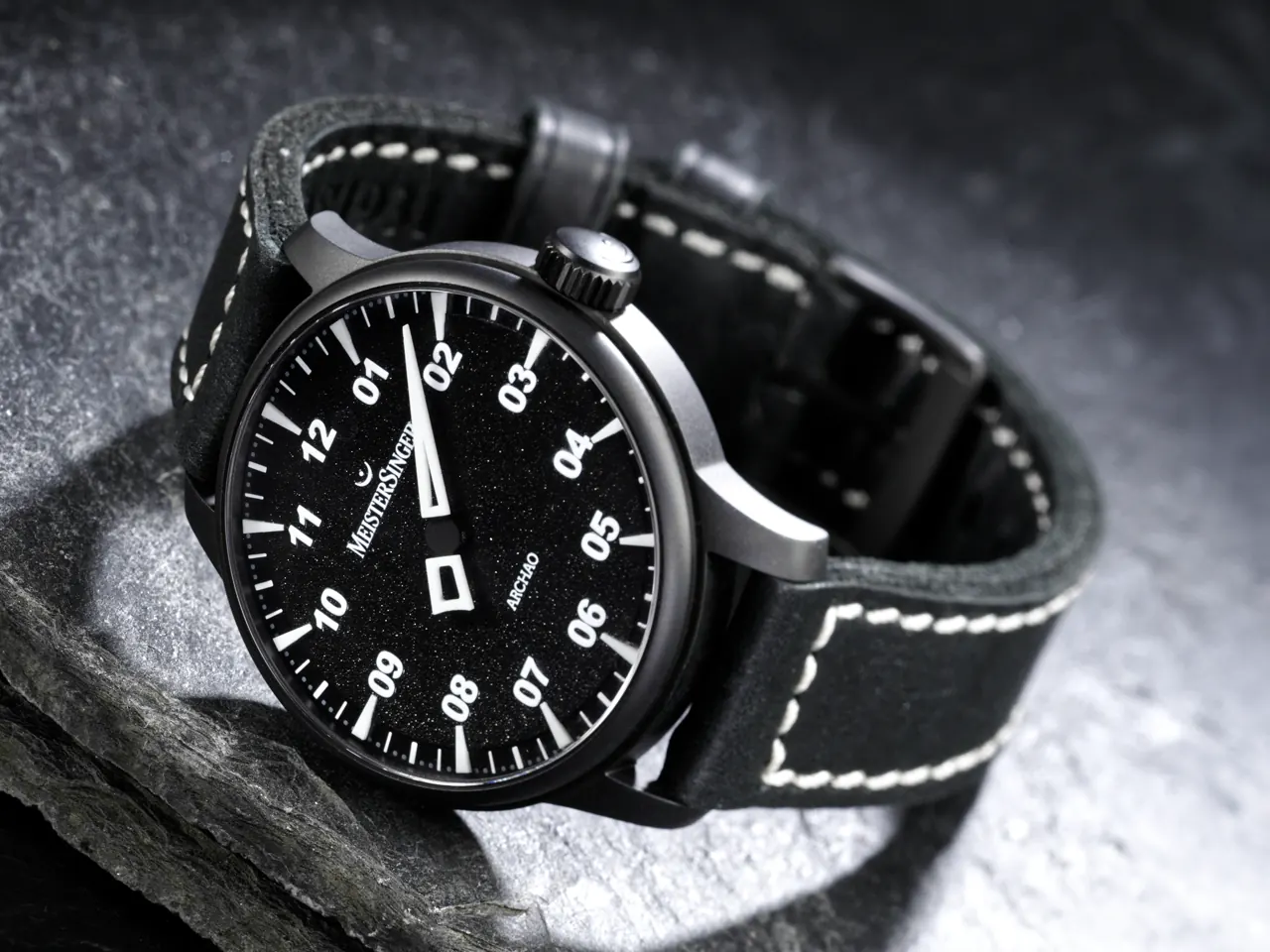 MeisterSinger Archao black dial DLC case with LumiBlock hour markers and divided single hand