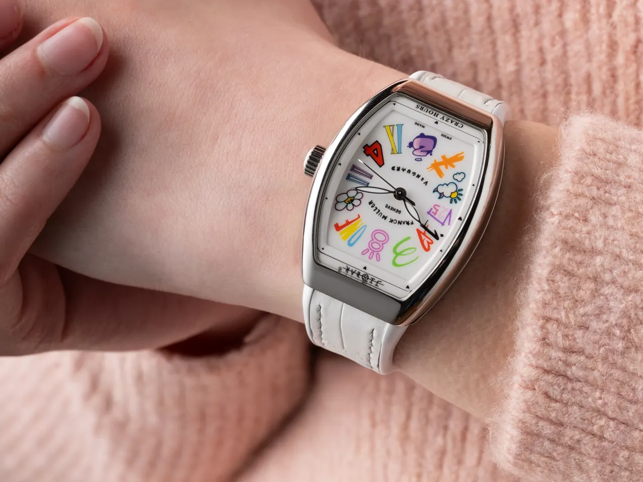 Franck Muller Crazy Hours x Jisbar feminine edition dial detail showing pop-street art numerals