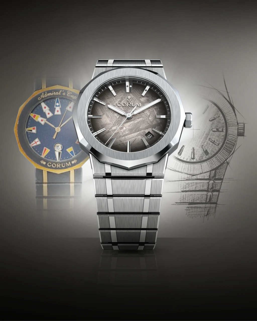 CORUM Admiral 36 wave-embossed blue dial with nautical pennant indices
