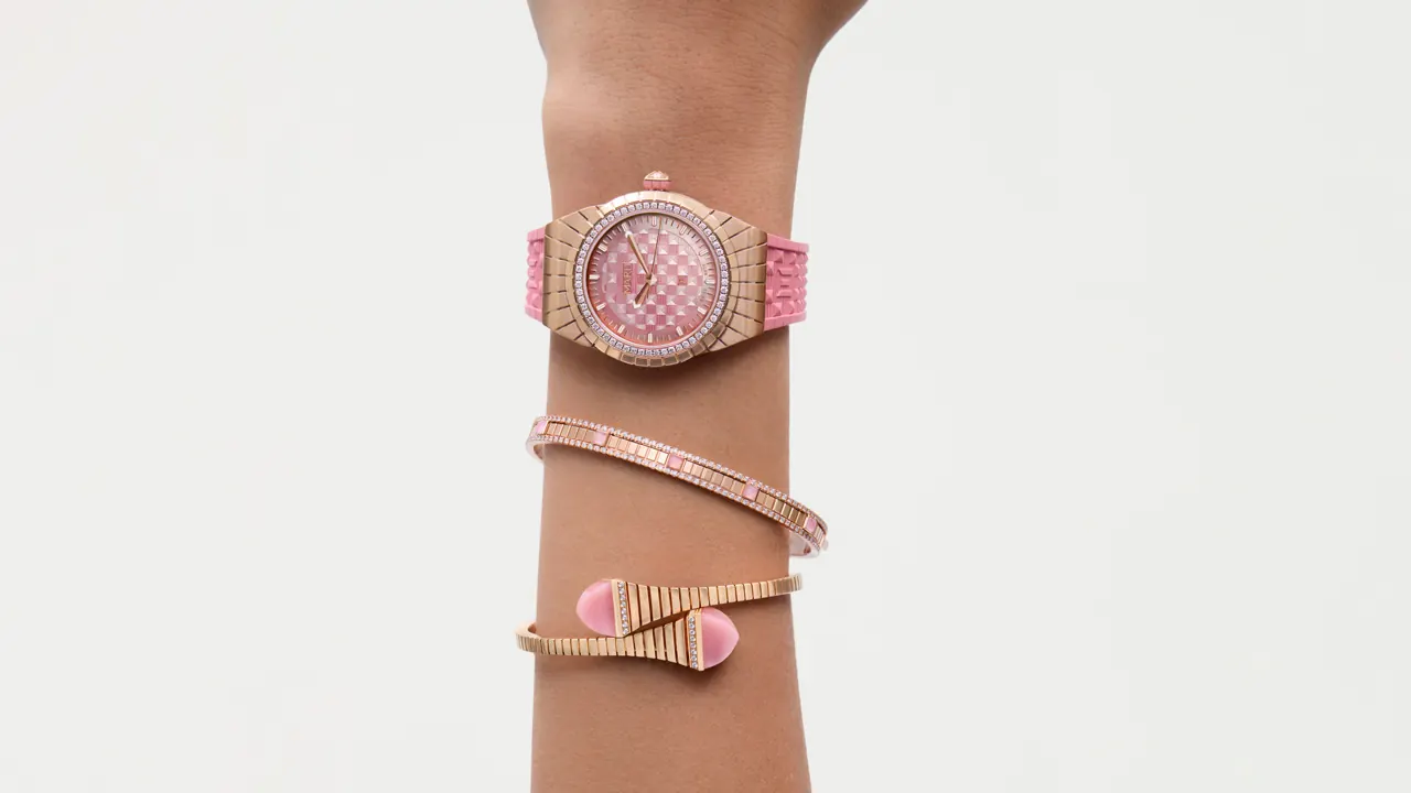 MARLI L35 Pink watch with faceted rose gold case and pyramid tapisserie mother-of-pearl dial on rubber strap