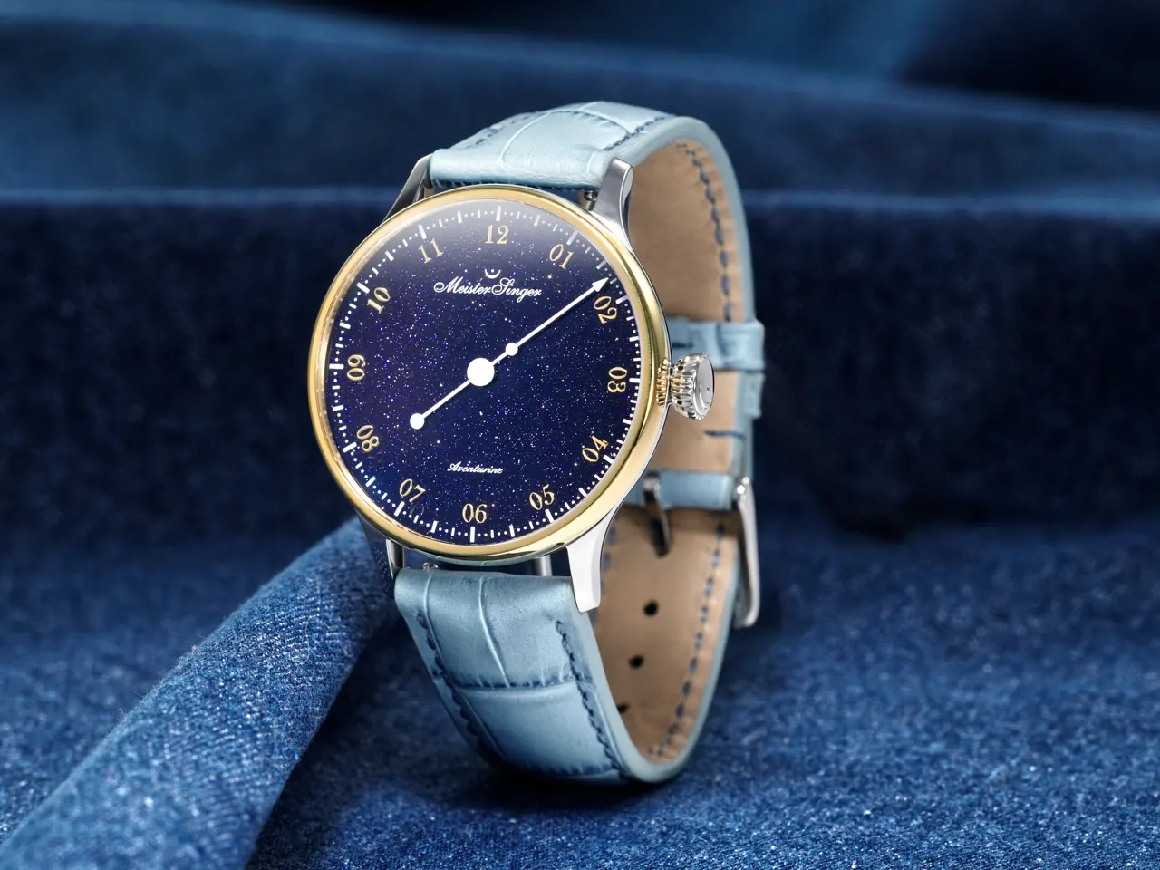 MeisterSinger Pangaea Aventurine with gold PVD bezel, dark blue aventurine dial and single hour hand