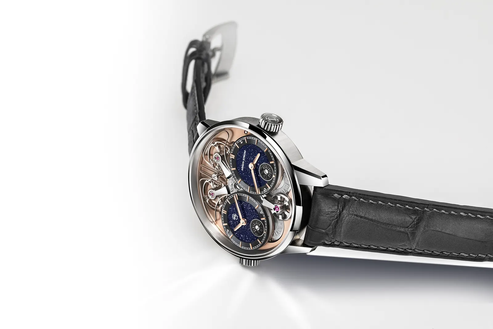 Armin Strom Dual Time GMT Resonance Aventurine dial view showing star-filled aventurine surface and rose gold hands