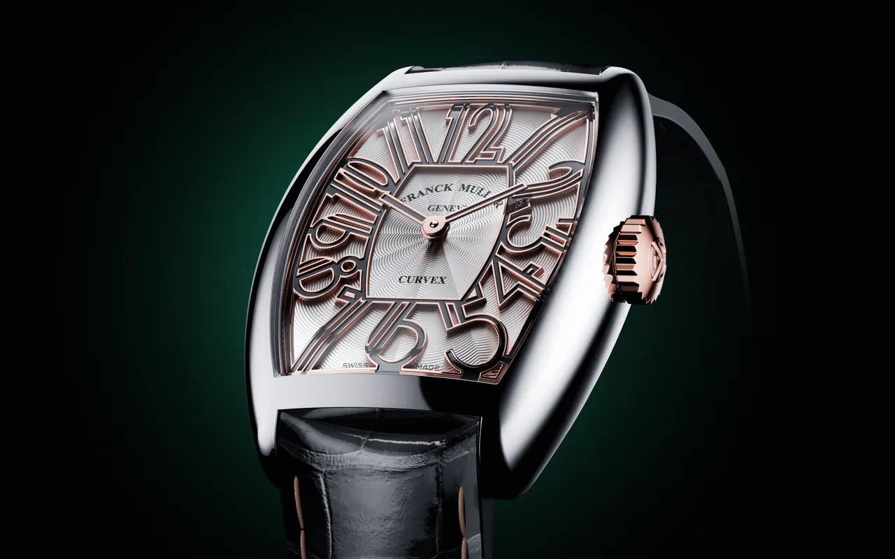 Franck Muller Cintrée Curvex Gatsby in 18K rose gold, front dial view showing Art Deco numerals