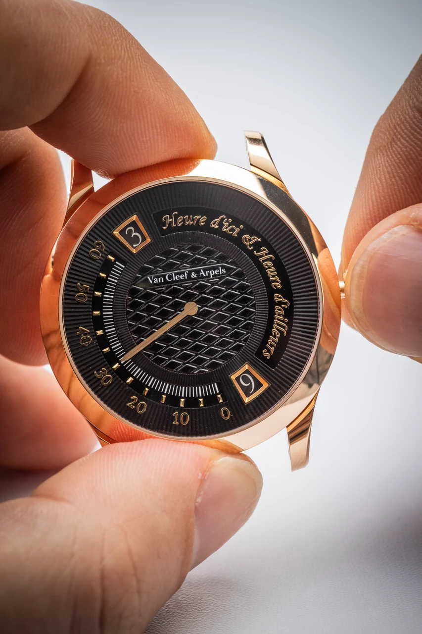 Van Cleef & Arpels Midnight Heure d'ici & Heure d'ailleurs rose gold dual time zone watch dial detail