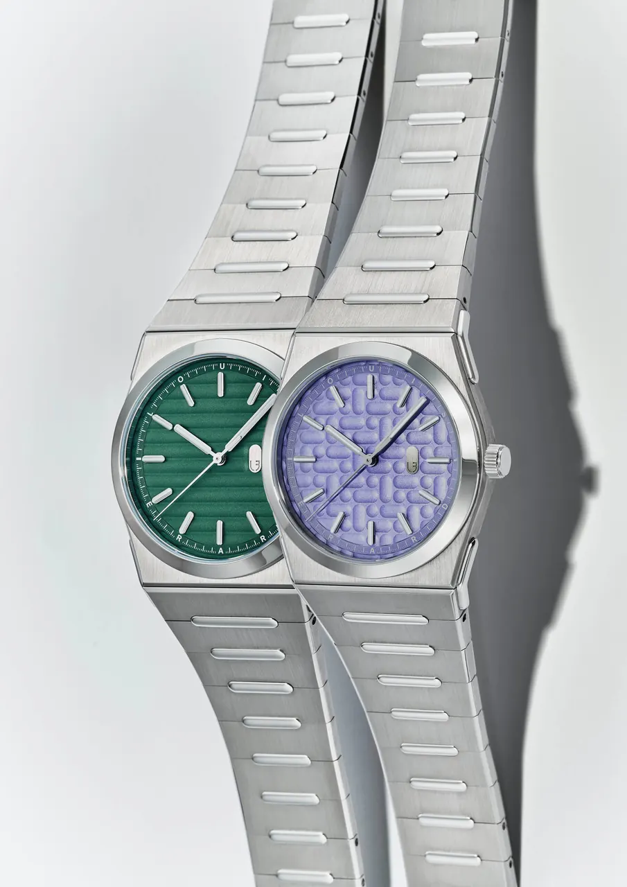 Louis Erard 2340 Mauve dial with oblong stamped pill pattern and integrated titanium bracelet