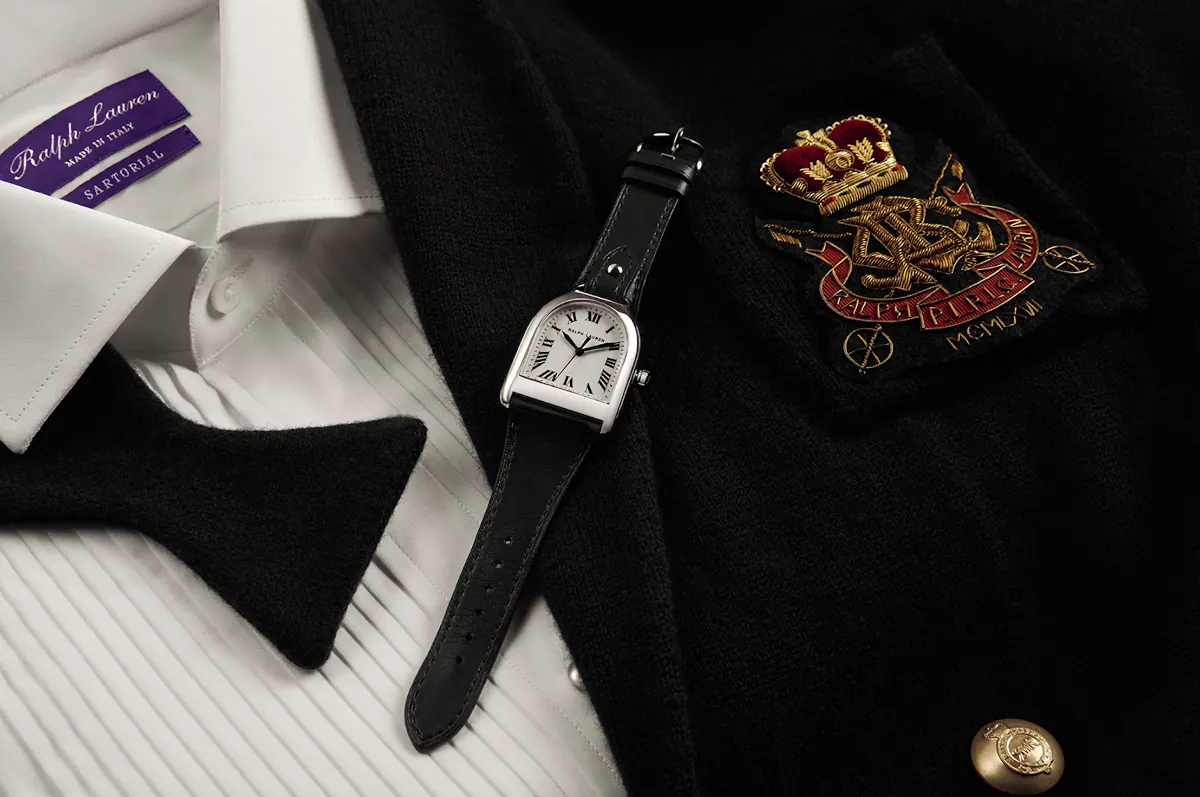 Ralph Lauren Stirrup Bangle Watch polished stainless steel case with white Roman numeral dial