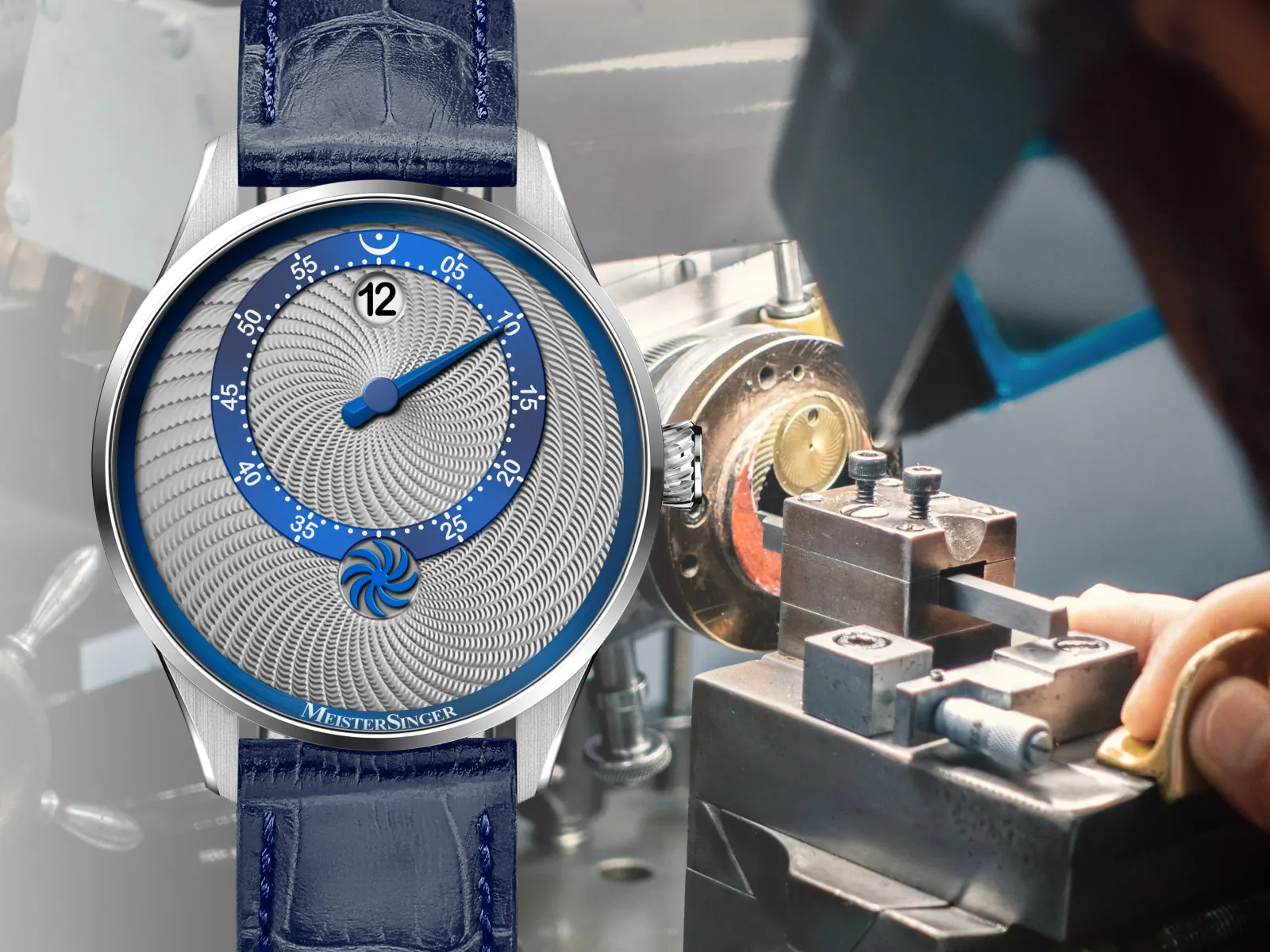 MeisterSinger Souscription Panthero Jumping Hour Guilloché grey and blue dial close-up