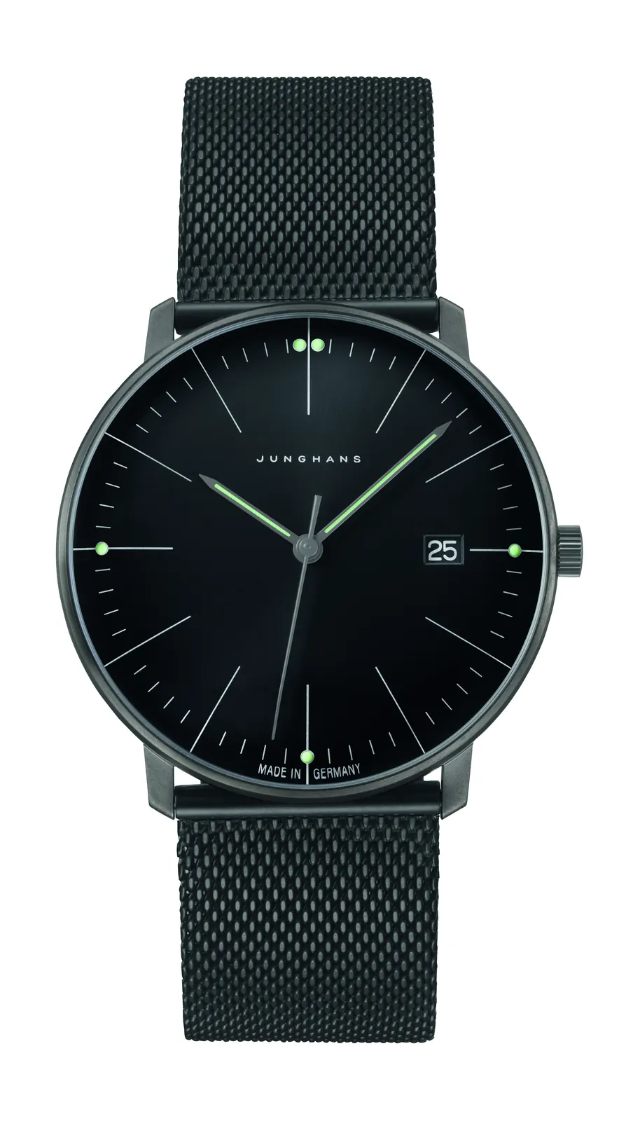 Junghans max bill Quarz black PVD case with Milanese bracelet and domed sapphire crystal dial