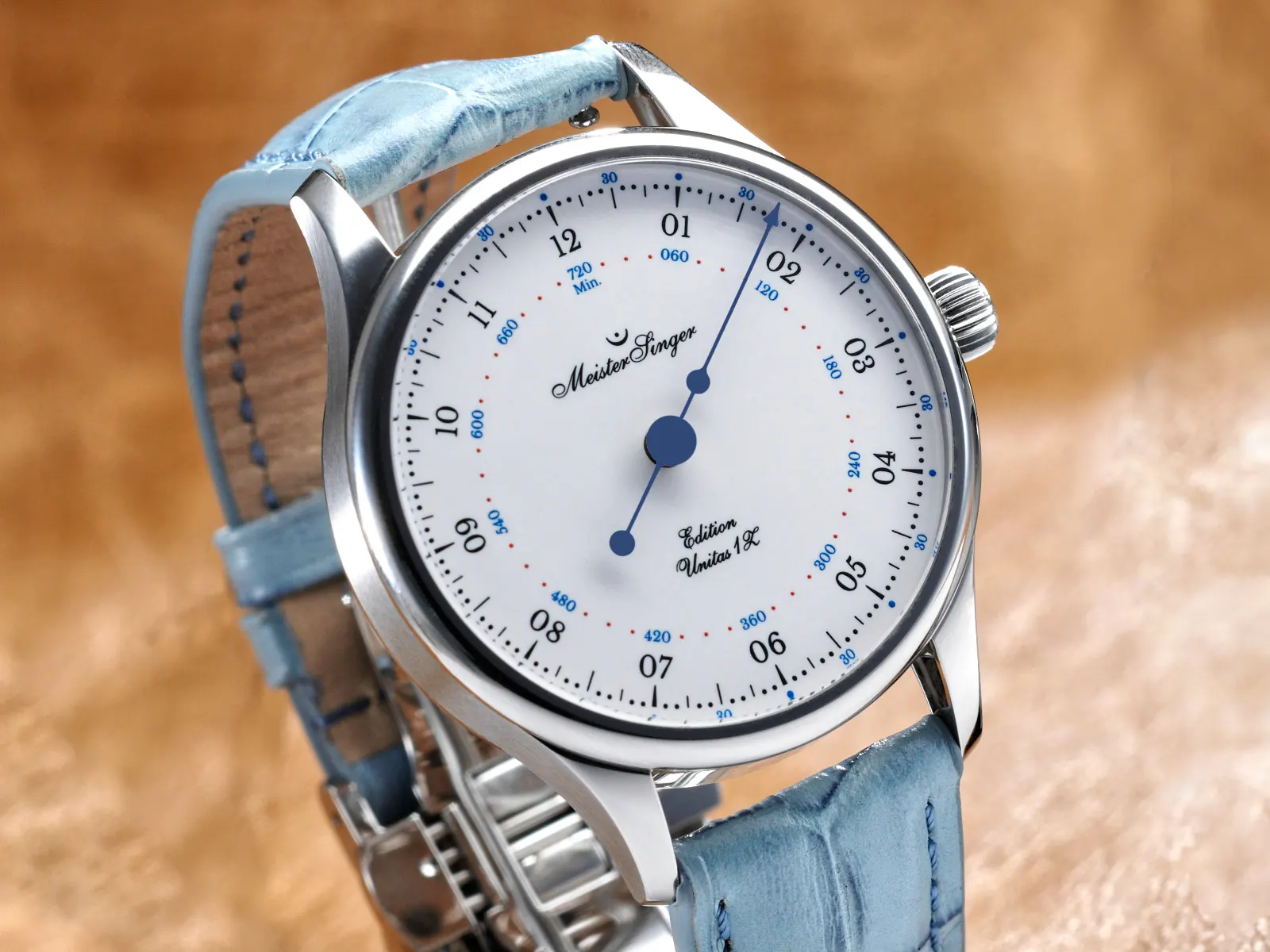 MeisterSinger Unitas 1Z Edition white enamel dial with blued single hand — front view