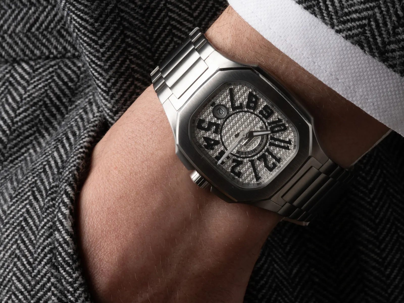 Franck Muller Imperium Block stainless steel tonneau watch front view