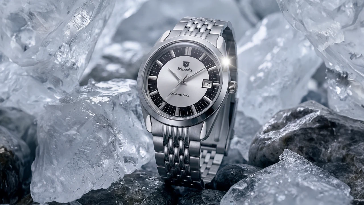 Nivada Grenchen Antarctic Erotic 38mm dial view showing vintage-inspired Spider Case