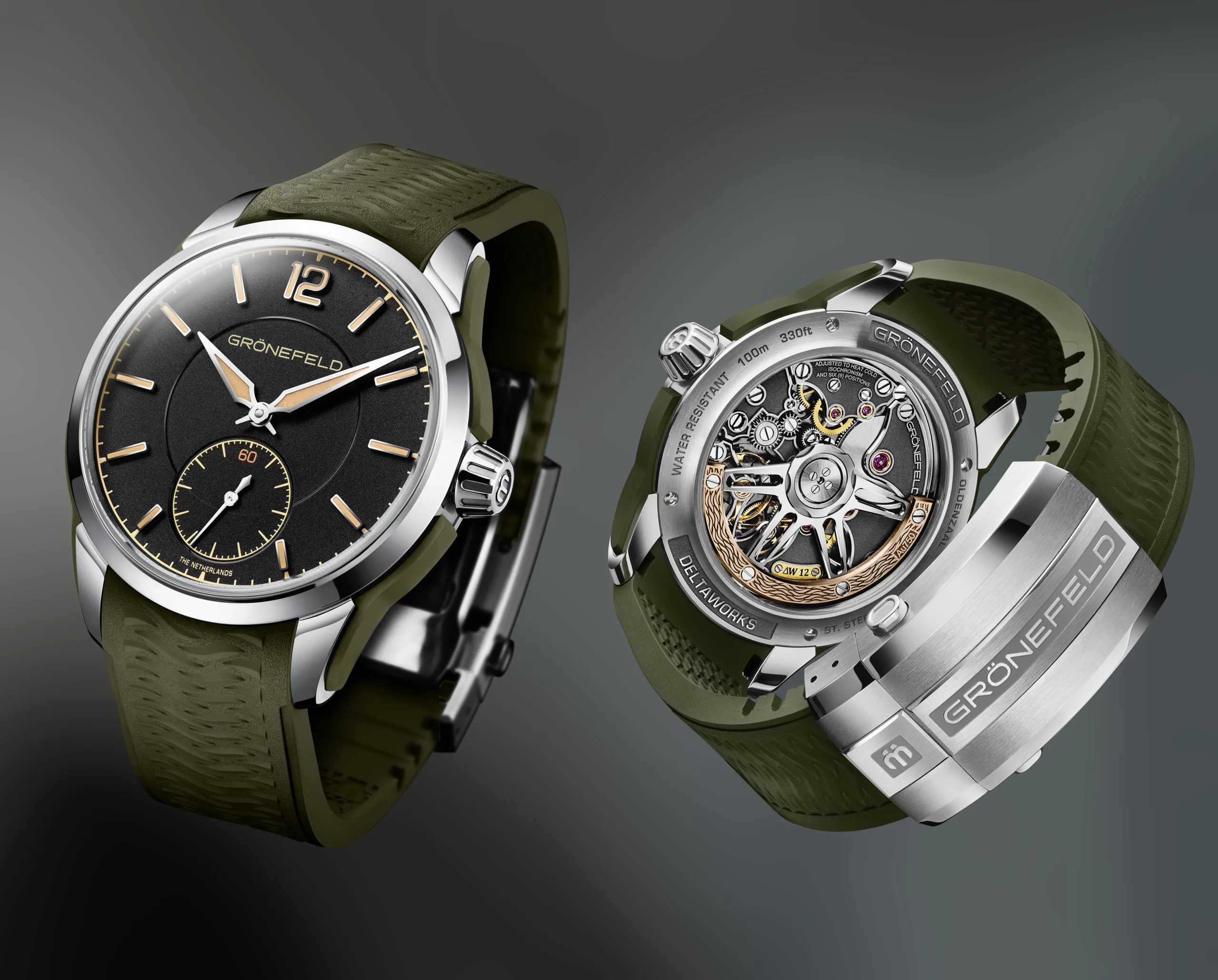 GRONEFELD 1969 DeltaWorks dial showing hours, minutes and small seconds with Super-LumiNova hands