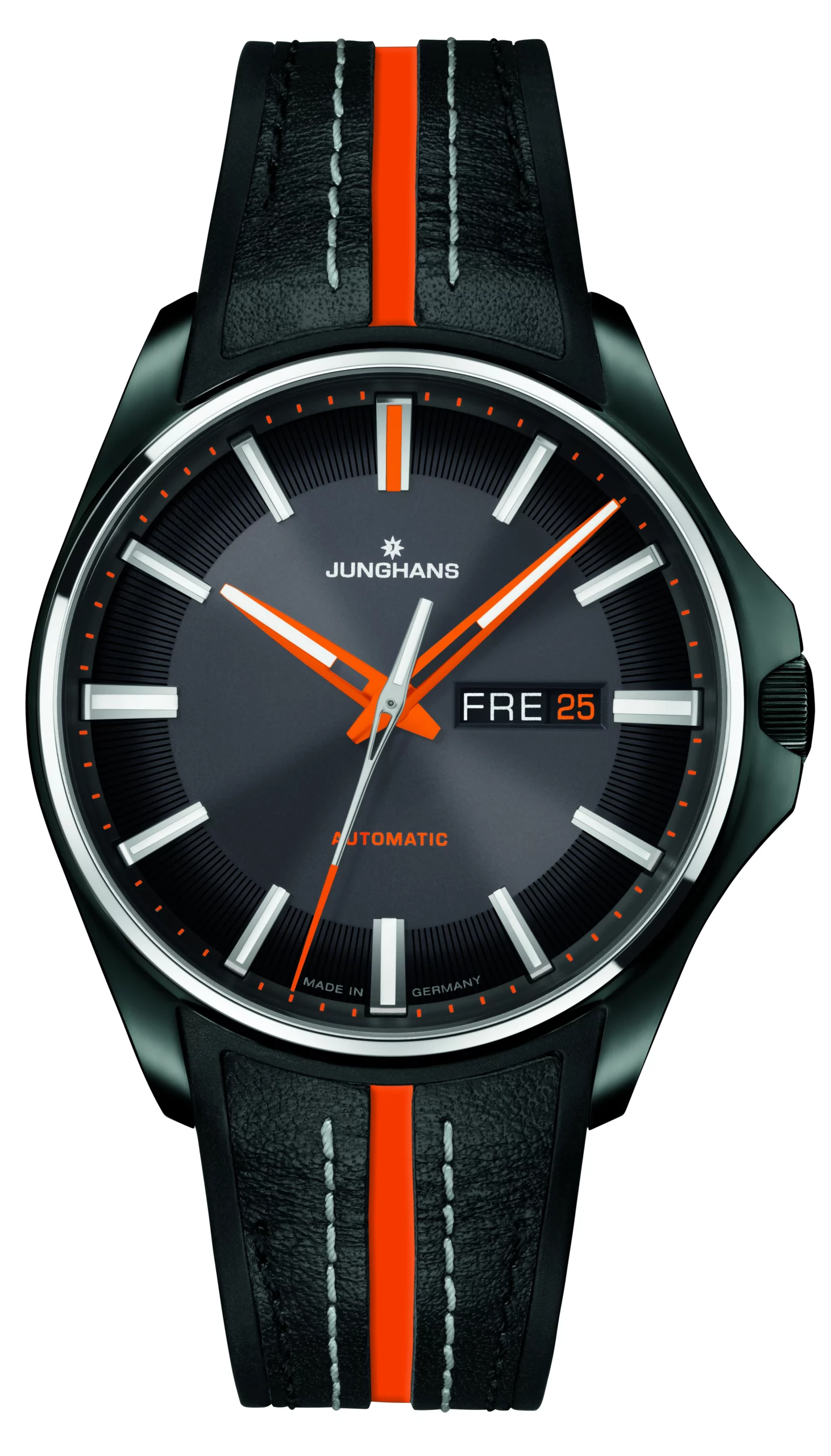 JUNGHANS Meister S Automatic black and orange dial with applied indices and date display