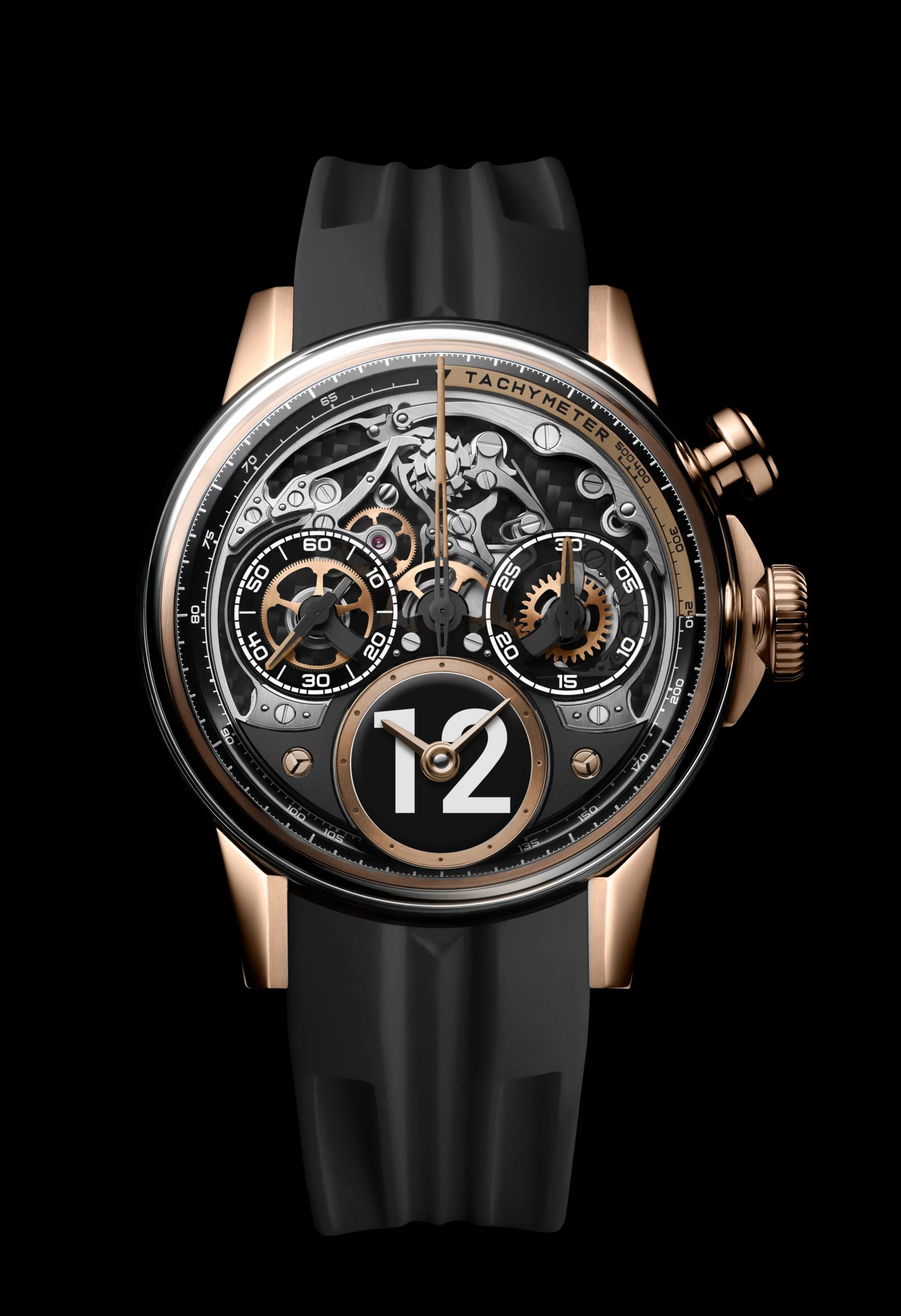 Louis Moinet Time to Race Flash – off-centre black dial with golden accents and woven carbon fibre plate