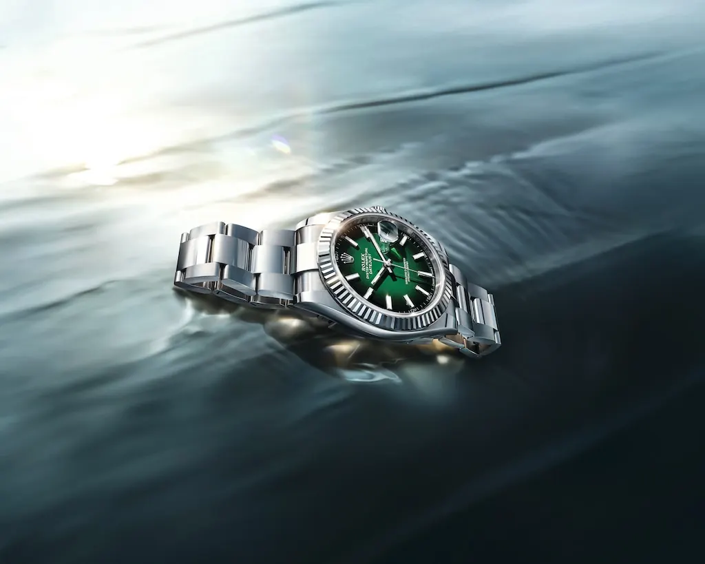 Rolex Datejust 41 green lacquer ombré dial with white Rolesor case and fluted bezel